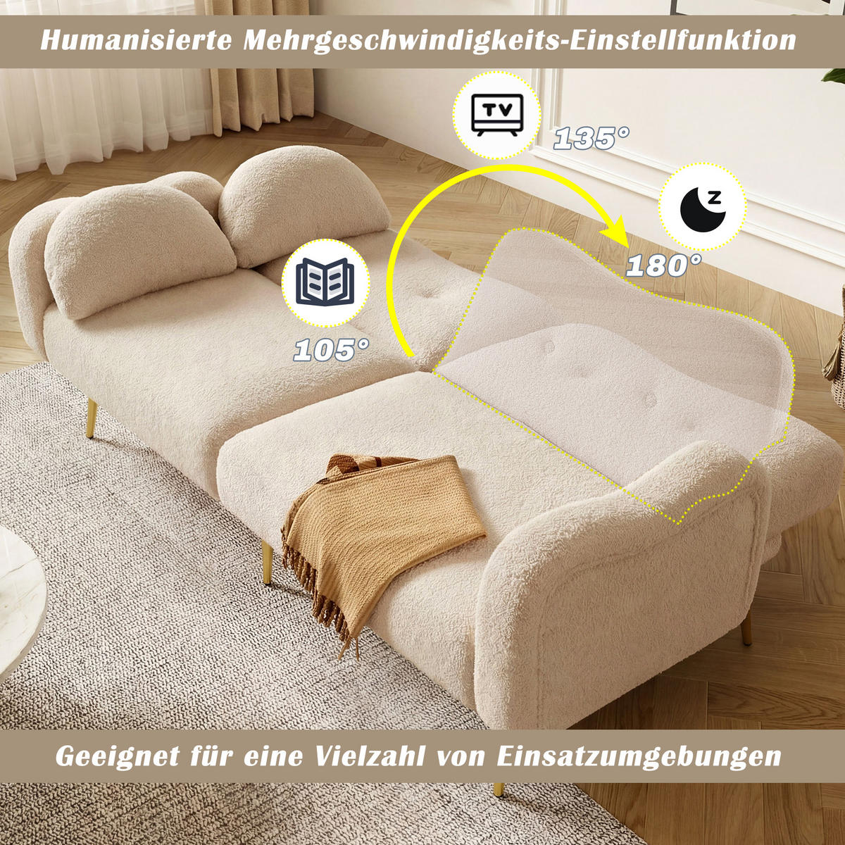 SOFABETT Zweisitzer Wollmisch-Bezug mit verstellbarer Rückenlehne Beige 175/79/82 cm - Beige, Textil (79/82/175cm) - Redom