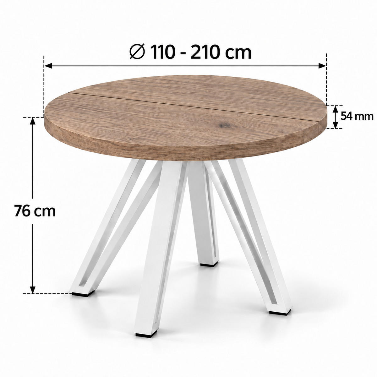 ESSTISCH rund ausziehbar 110/210/76 cm, Graubraun Eiche Halifax Egger, 54 cm Tischplatte + Industrial Metallgestell Weiß - Eichefarben/Graubraun, Holzwerkstoff/Metall (110/210/76cm) - Damale Möbel