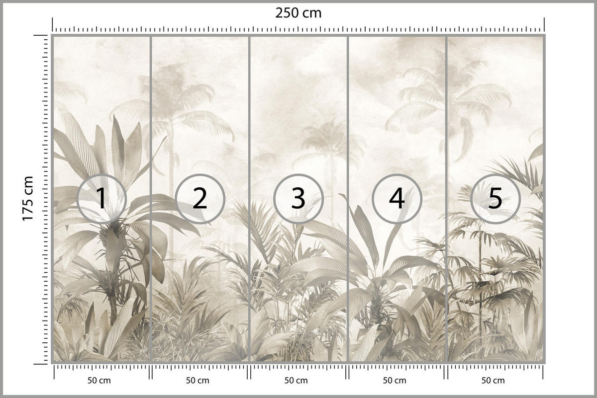 FOTOTAPETE für Wohnzimmer Vintage Tropischer Wald Palmen Blätter 250x175 - Beige/Grau, Papier (250/175cm) - Muralo