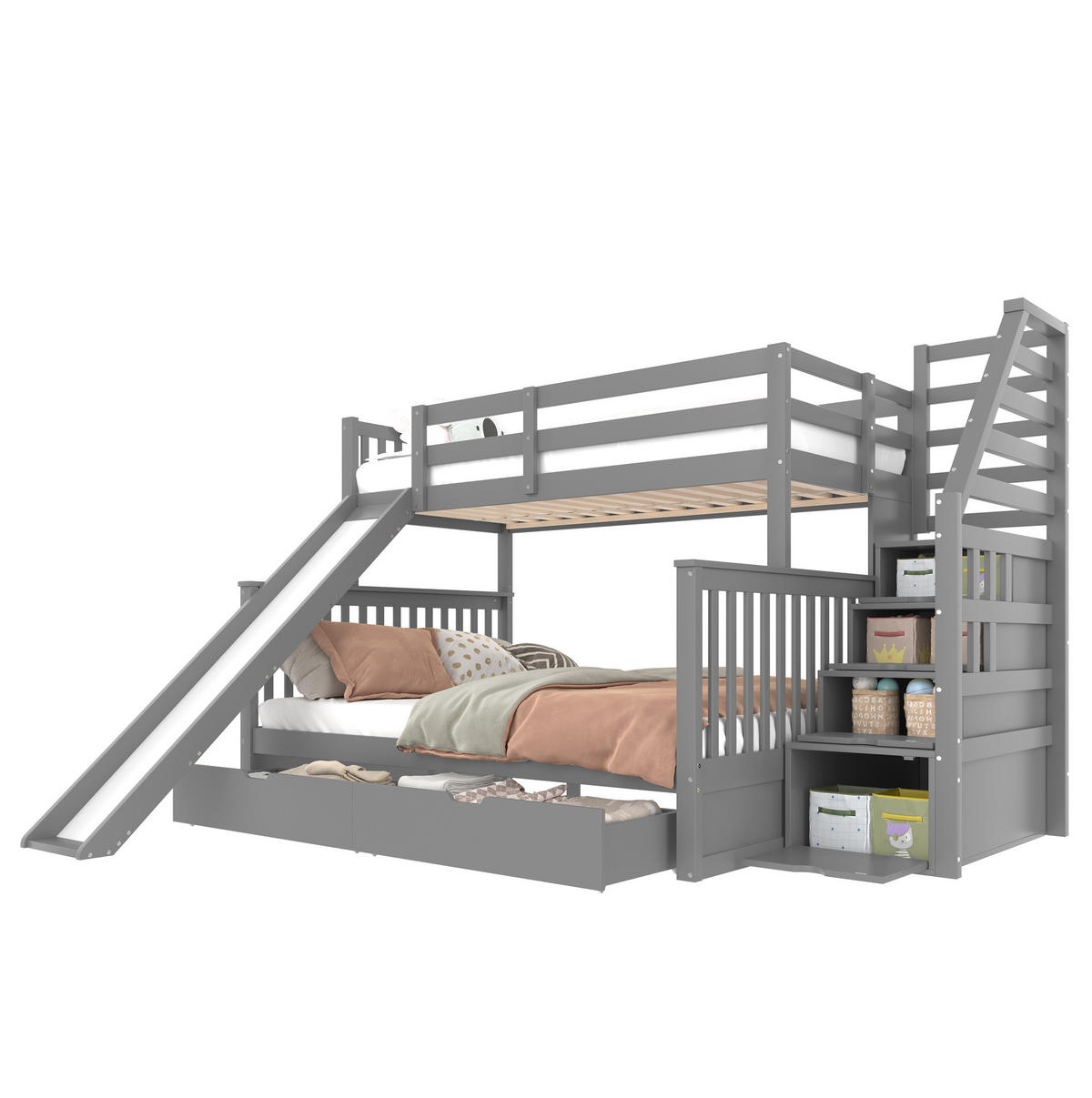 ETAGENBETT aus Kiefer 90x200/140x200 cm Grau mit Rutsche, Treppe und Schubladen - Grau, Holz (90/200cm) - Modfu
