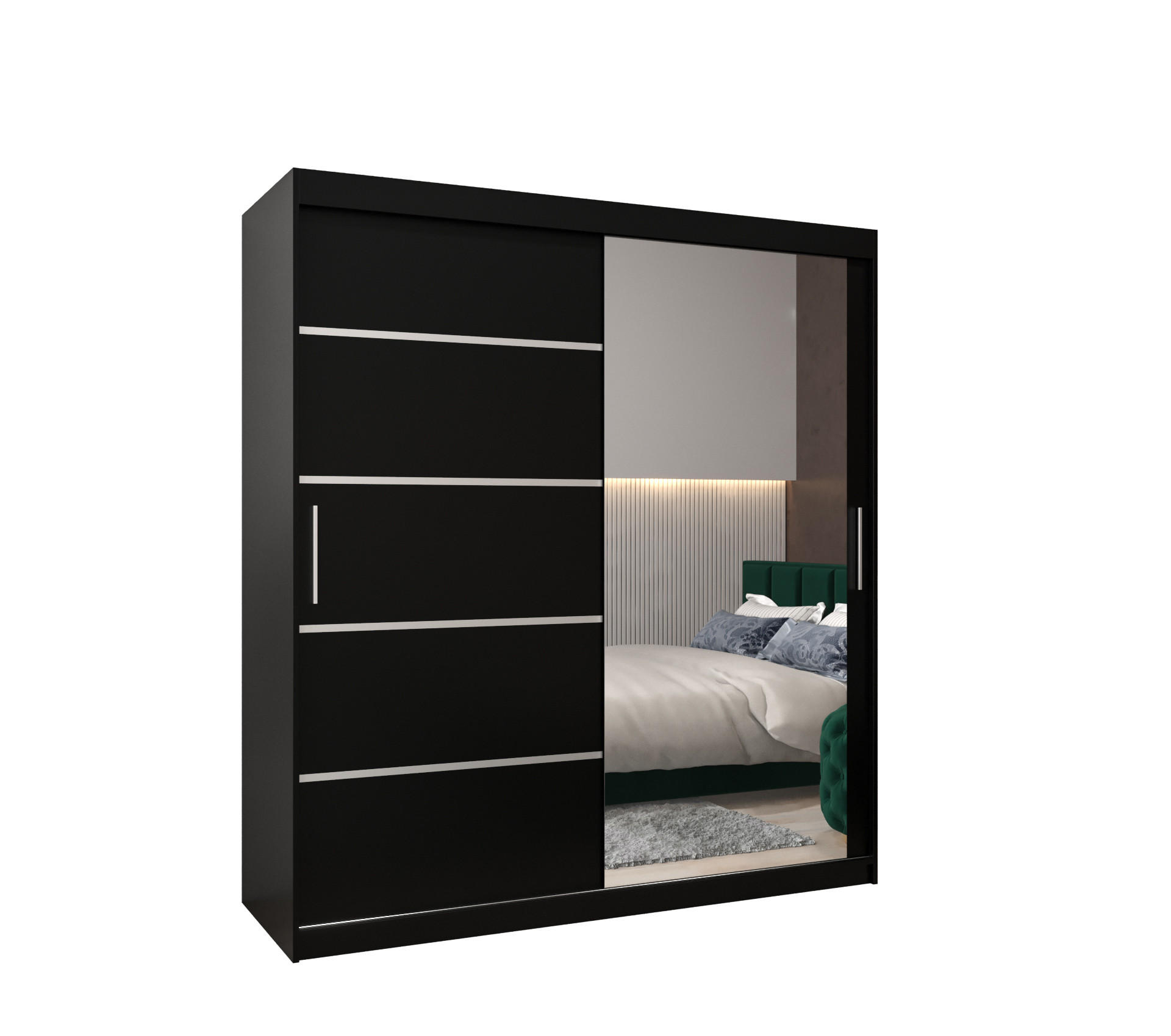 Möbel Kryspol Schwebetürenschrank Schwarz, Silber 180x200x62 cm