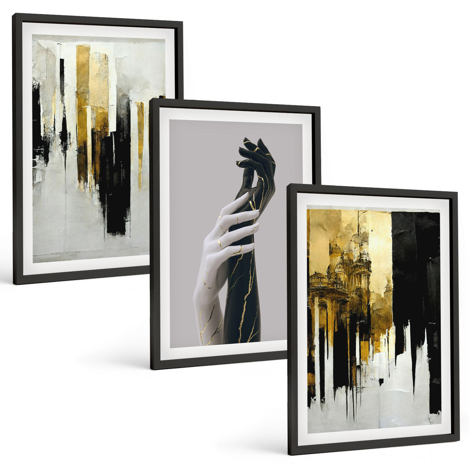 BILDER SET 3er Set - 40x60 cm Schwarzer Rahmen - Abstrakte handgemalte Muster - Schwarz, Kunststoff (40/60cm) - TULUP