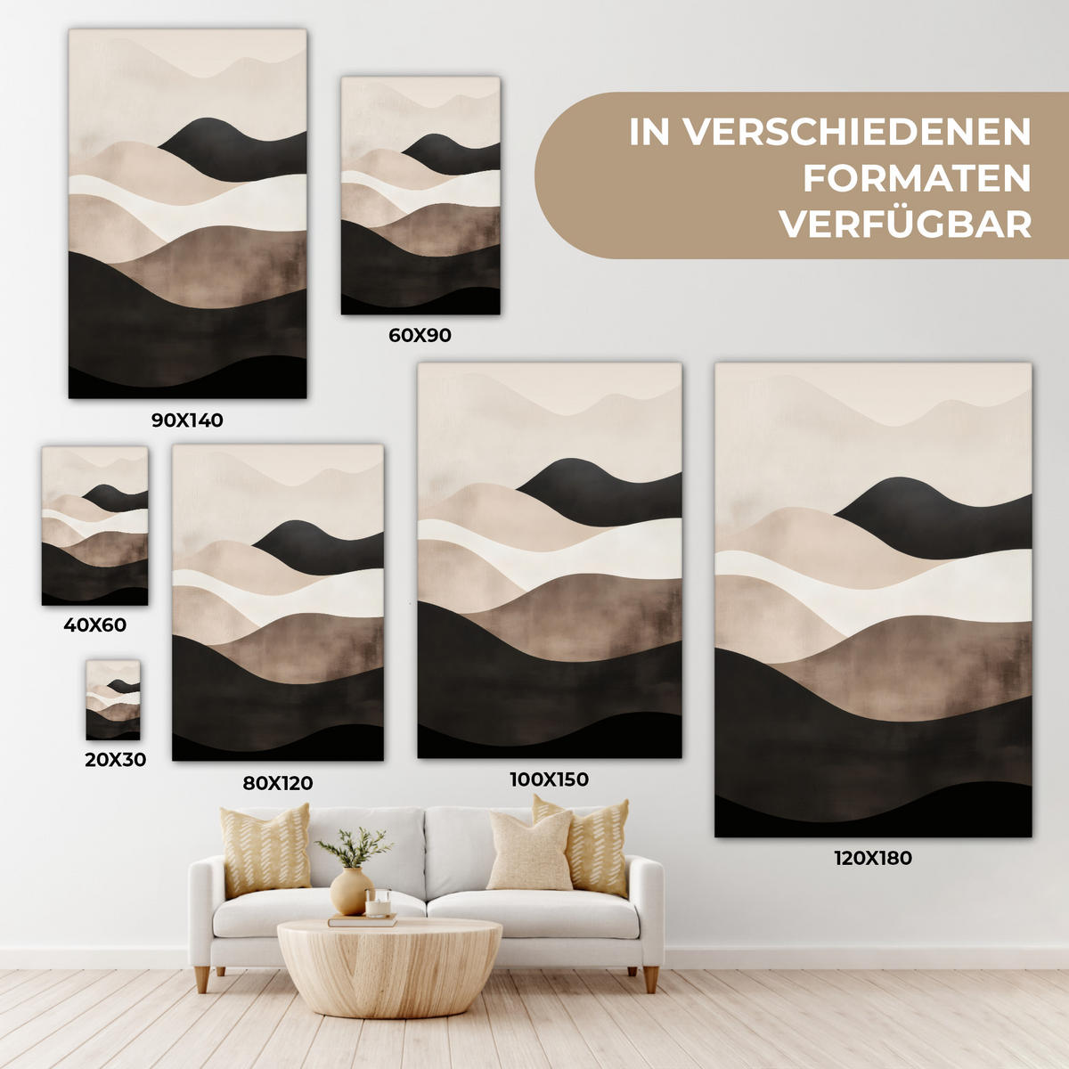 LEINWANDBILD Abstrakt - Landschaft - Wellen - Cremefarben 20x30 cm - Cappuccino, Textil (20/30cm) - MuchoWow