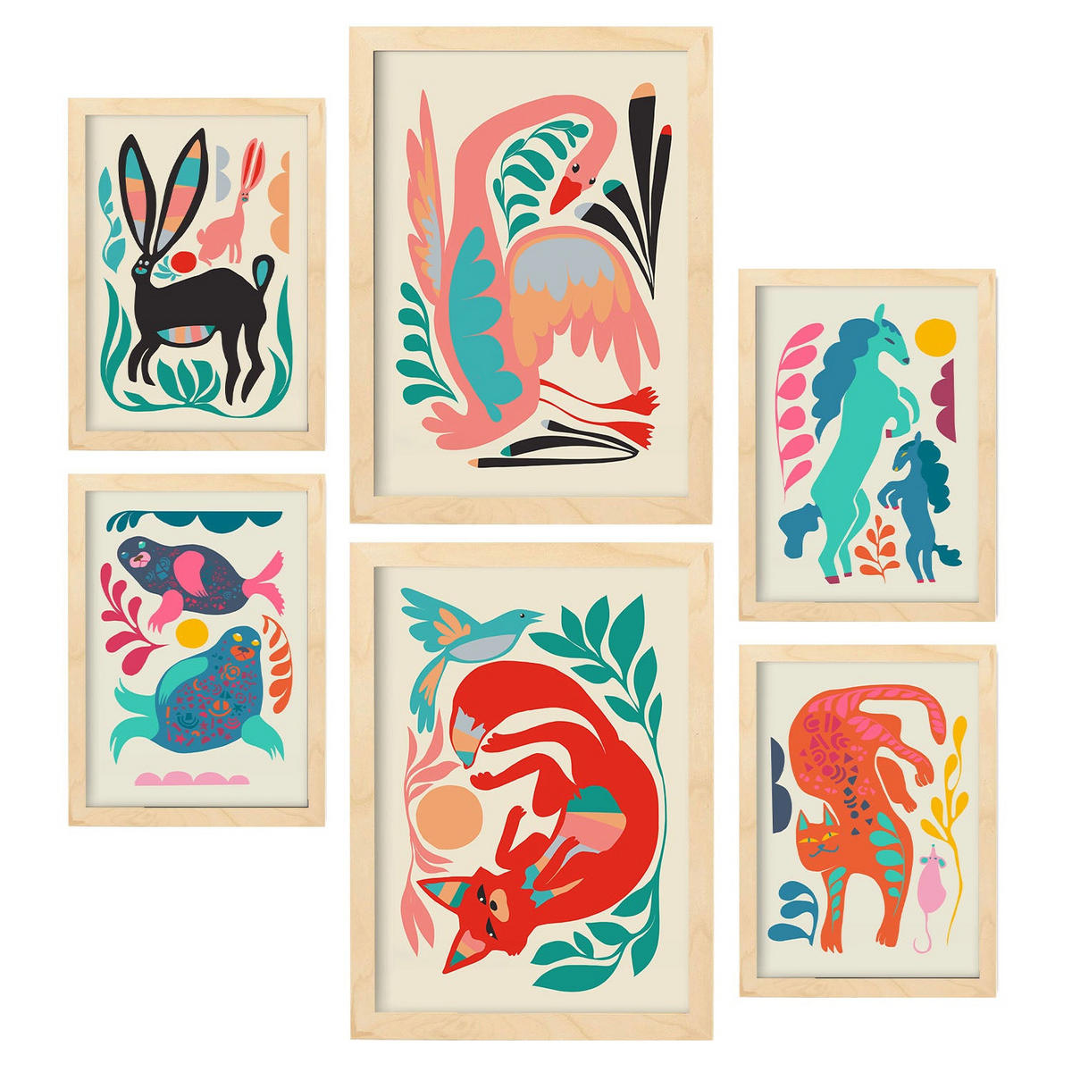 POSTER Set Mit 6 Linienrasse 1 In Tiere Zusammenfassungen A3 & A4 Rahmen Aus Hellem Holz - Beige, Papier (29/3cm) - Nacnic