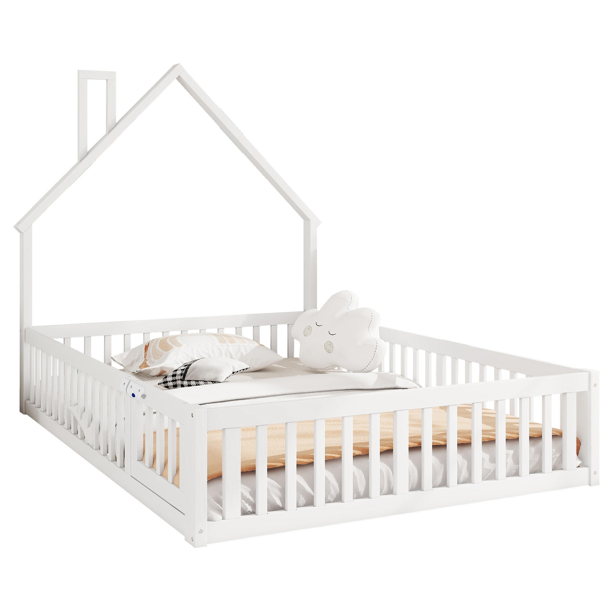 OKWISH DĚTSKÁ postel 140/190 cm bílá z borovice a MDF se zábradlím a komínovým motivem