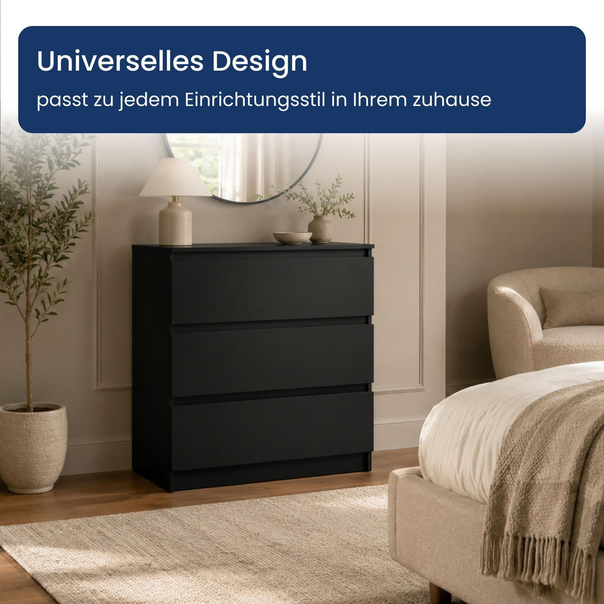 KOMMODE mit drei Schubladen in Schwarz - Schwarz, Holzwerkstoff (70/77/40cm) - Home Collective