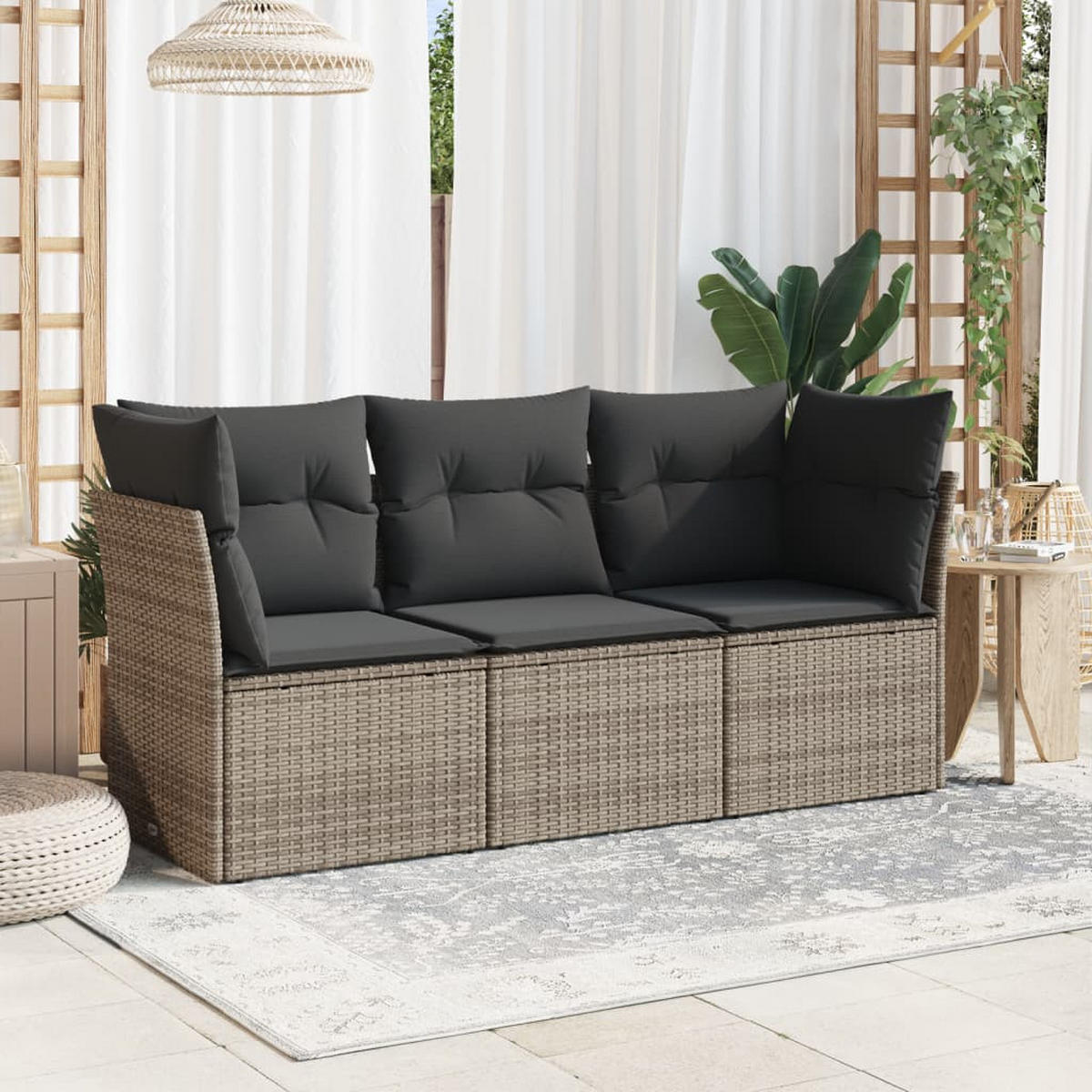 GARTEN-SOFAGARNITUR 3-teilig Mit Kissen Grau Poly Rattan - Grau, Kunststoff - vidaXL