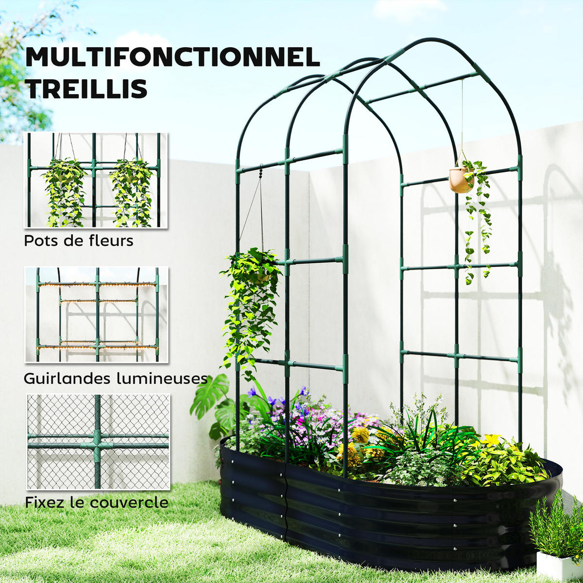 HOCHBEET DE-12294 mit Rankbogen 160/90/180 cm Dunkelgrau - Dunkelgrau, Metall (160/180/90cm) - ComfortXL