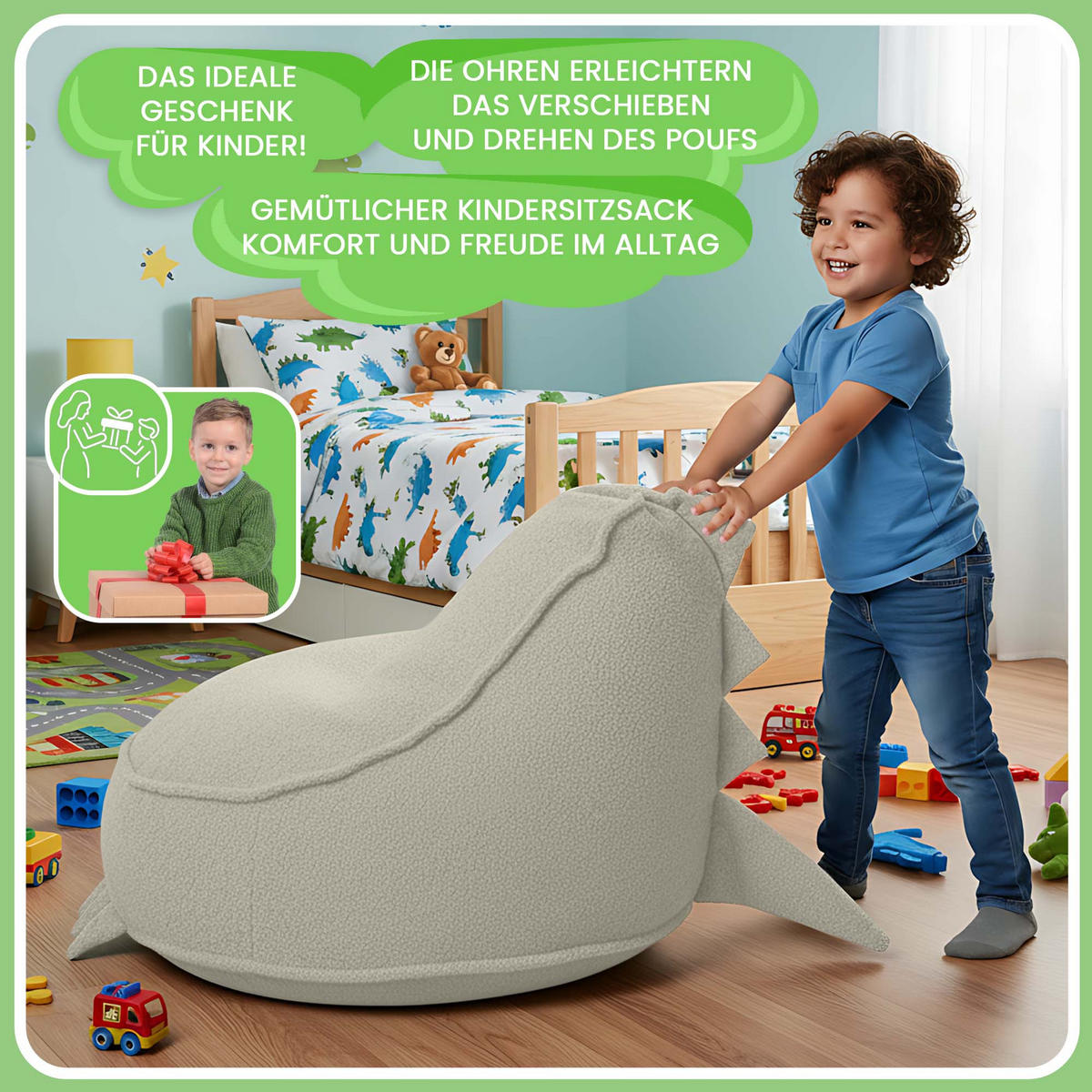 SITZSACK FÜR KINDER Dino 75/75/55 cm, weicher Bouclé 315 g/m², abnehmbarer Bezug, Lamb Cloud - Creme, Textil (75/55/75cm) - Dreamroots