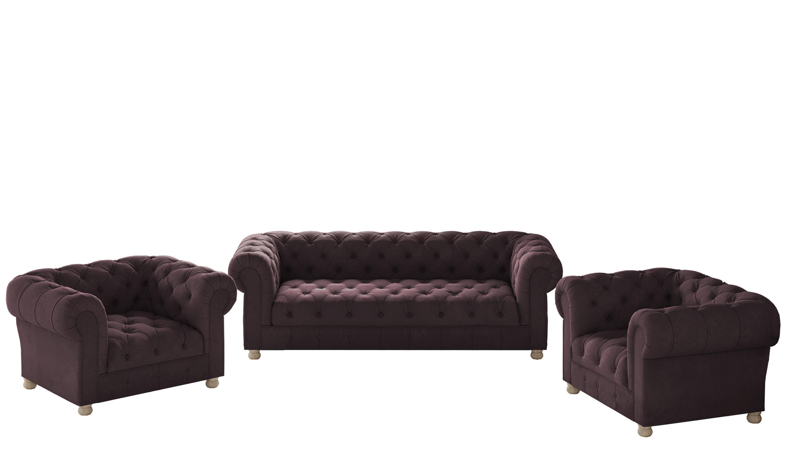 SITZGARNITUR 3+1+1 CHESTERFIELD Elegant Klassisch Schick Stoff Whisper Rotwein - Rot, Holz (202/77/90cm) - Kaiser Möbel