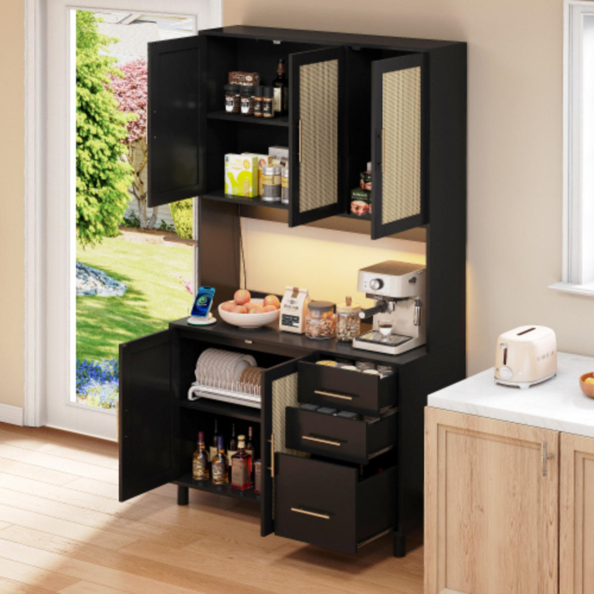 KÜCHENSCHRANK Schwarz aus MDF mit Rattanfront, LED-Beleuchtung und integrierten Steckdosen 100×40×183 cm - Schwarz, Holzwerkstoff (100/183/40cm) - Luhomfu