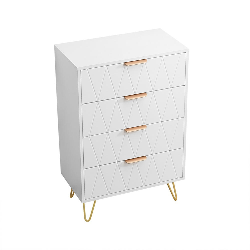 KOMMODE mit 4 Schubladen - Rautenmuster-Design und goldene Metallbeine - für Wohnzimmer und Schlafzimmer - Weiß - Weiß, Holzwerkstoff (60/90/34cm) - DELFA