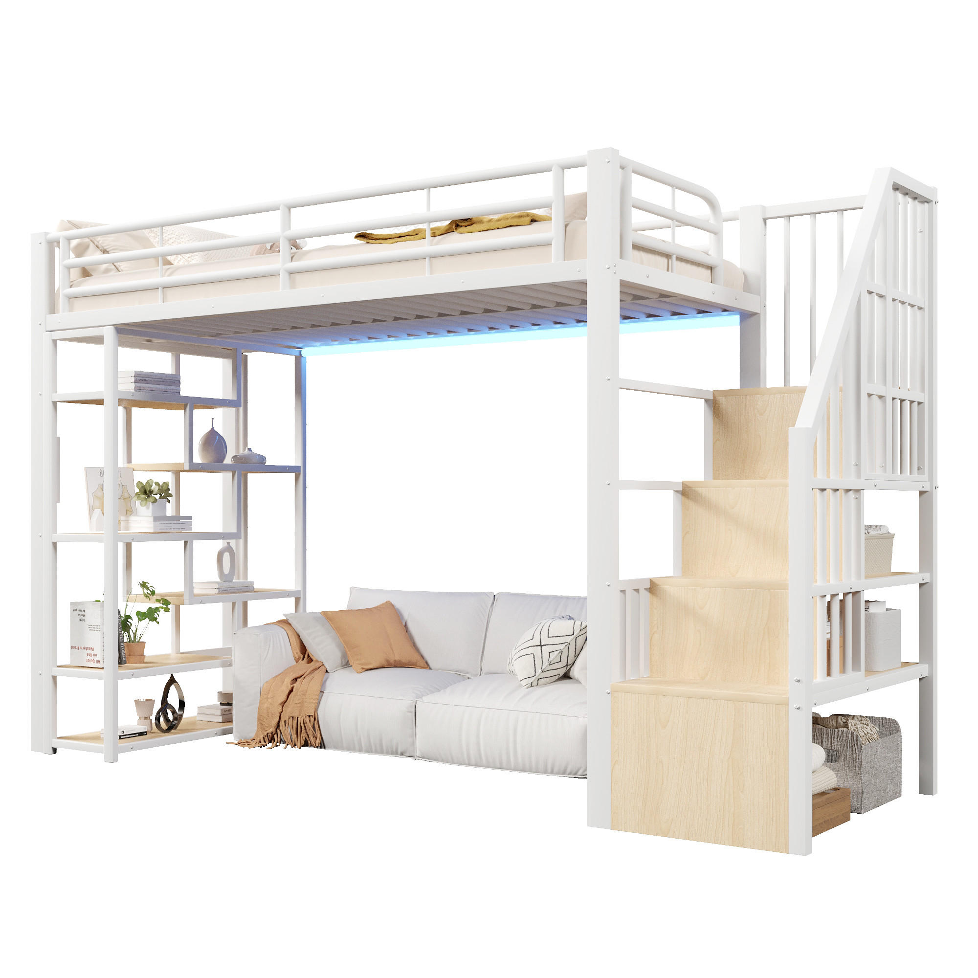 HOCHBETT 90x200cm, Eisen, Ablage, Stufen, Geländer, LED, Stauraum, ohne Matratze, Weiß - Weiß, Holzwerkstoff (90/200cm)