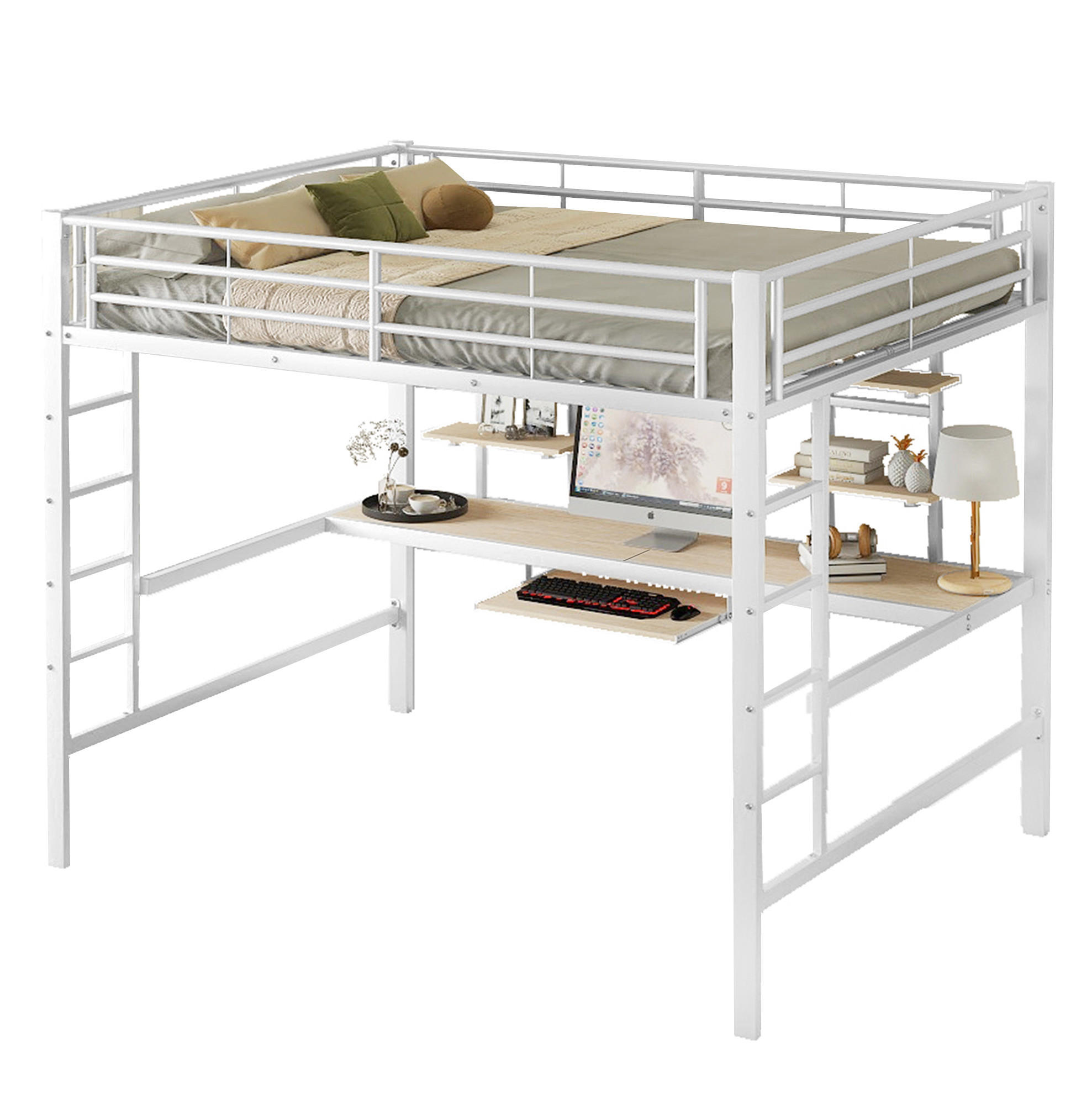 HOCHBETT 140/200 cm Weiß mit Schreibtisch und Regalen - Weiß, Metall (140/200cm) - MIVRAY
