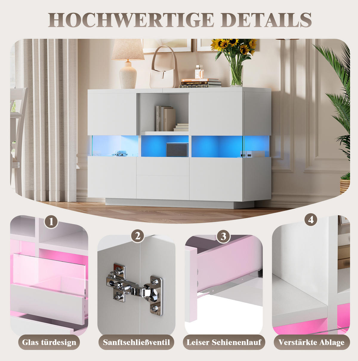 SIDEBOARD aus Holzwerkstoff 140x35x75 cm Weiß mit LED-Beleuchtung, Glasvitrine und Schubladen - Weiß, Holzwerkstoff (140/75/35cm) - Modfu