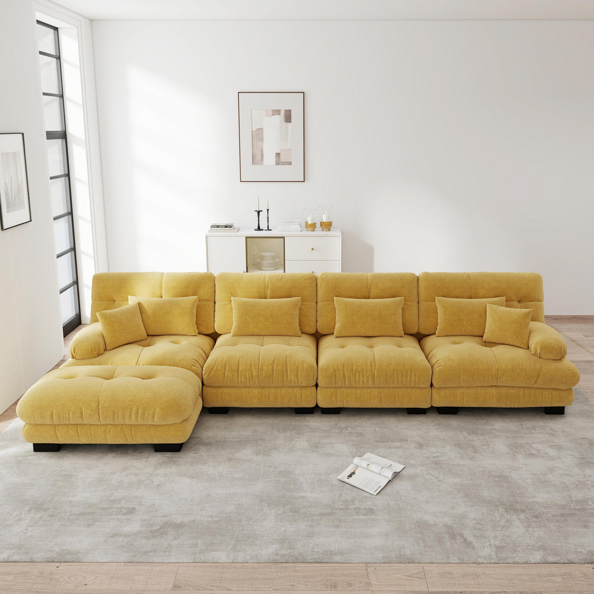 ECKSOFA 406/145/81 cm gelb aus Chenille mit modularem Ottoman - Gelb, Textil (145/406cm) - OKWISH