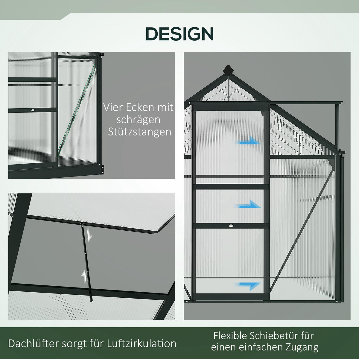 GEWÄCHSHAUS mit Dachfenster mit Tür mit Fundament, Alu+Polycarbonat, Grau+Transparent - Transparent/Grau, Kunststoff/Metall (132/201/190cm) - Outsunny