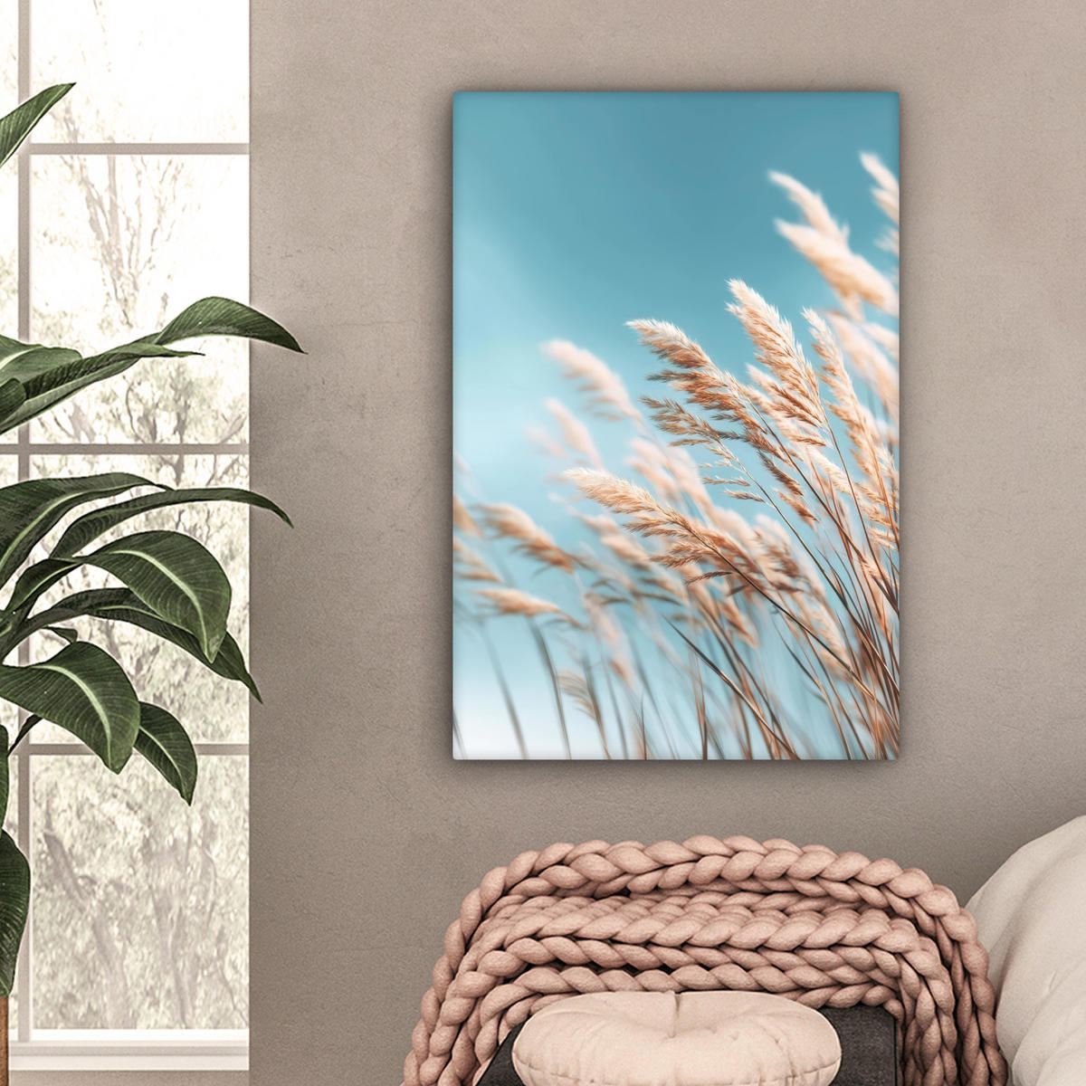 LEINWANDBILD Ziergras - Wind - Hellbraun Wanddeko Schlafzimmer 60x90 cm - Hellblau, Textil (60/90cm) - MuchoWow