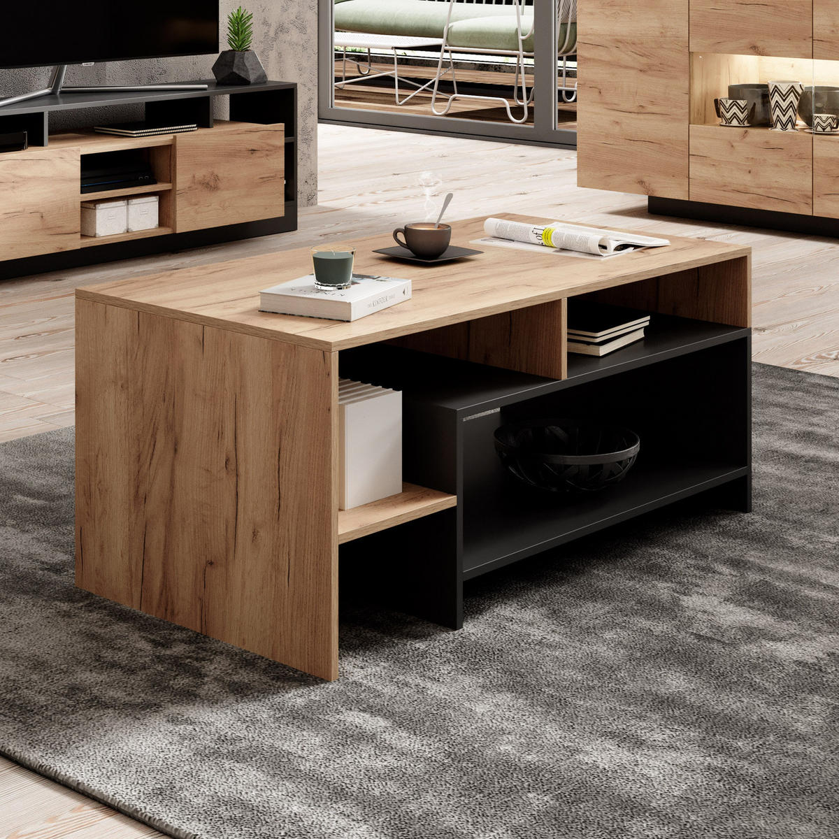 COUCHTISCH Panzo Eiche Craft / Anthrazit - 120 cm - mit Ablagefach - Eichefarben/Anthrazit, Holzwerkstoff (60/120/53cm) - Ravio
