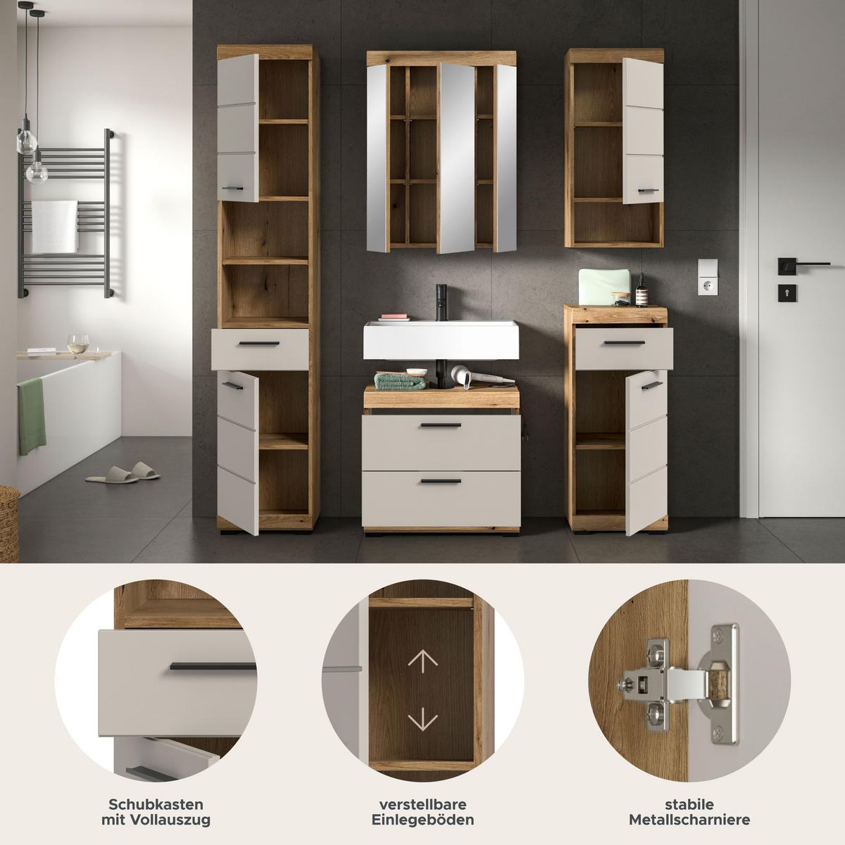 BAD-SET SCOUT 5-tlg. (B/H/T: ca. 164/191/34 cm) in Evoak Oak Nachbildung/- - Eichefarben, Holz (164/191/34cm)