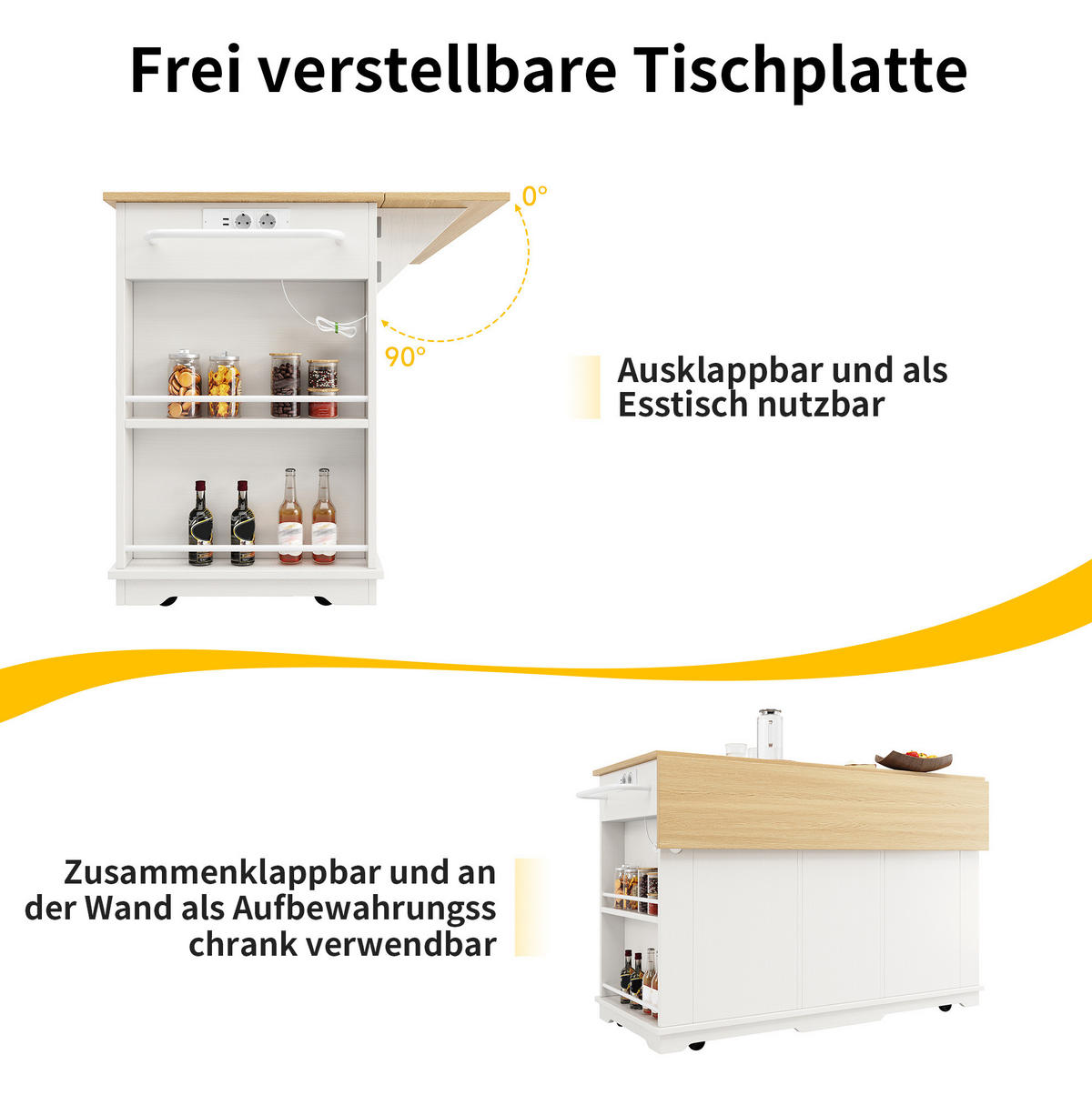 KÜCHENINSEL 151,5/59,7/91,7 cm aus MDF/Metall mit klappbarer Tischverlängerung Weiß/Natur - Weiß, Holzwerkstoff (151.5/91.7/59.7cm) - Modenvie