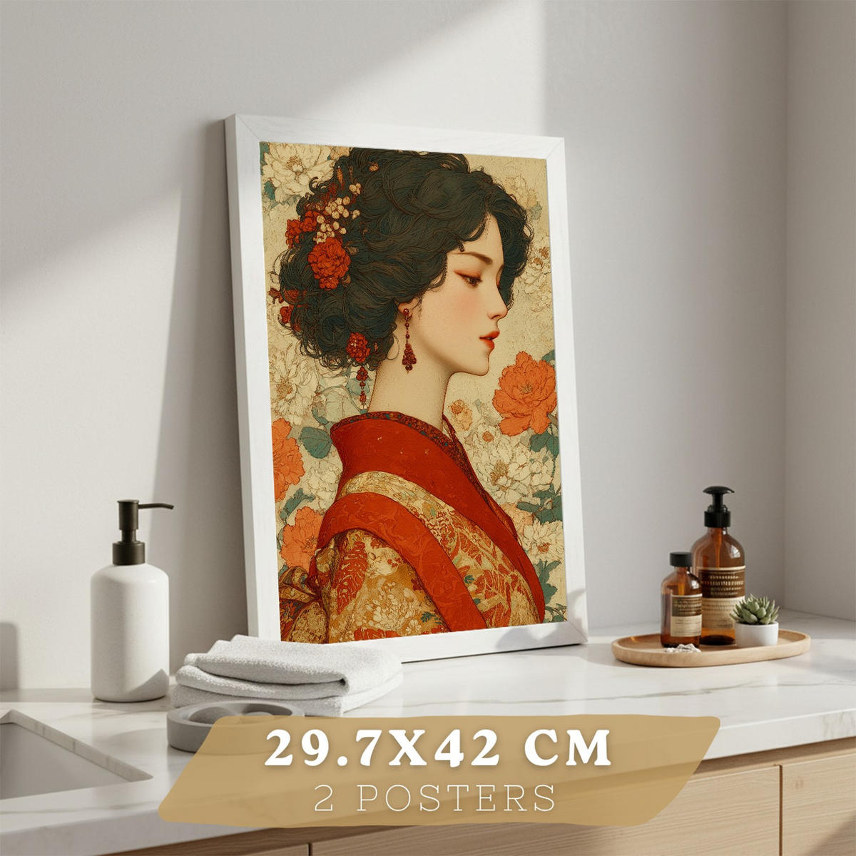 PLAKÁT Sada se 2 dekorativními orientálním drakem a ženou v bílém rámu A3 - bílá, papír (42/29.7/3cm) - Nacnic