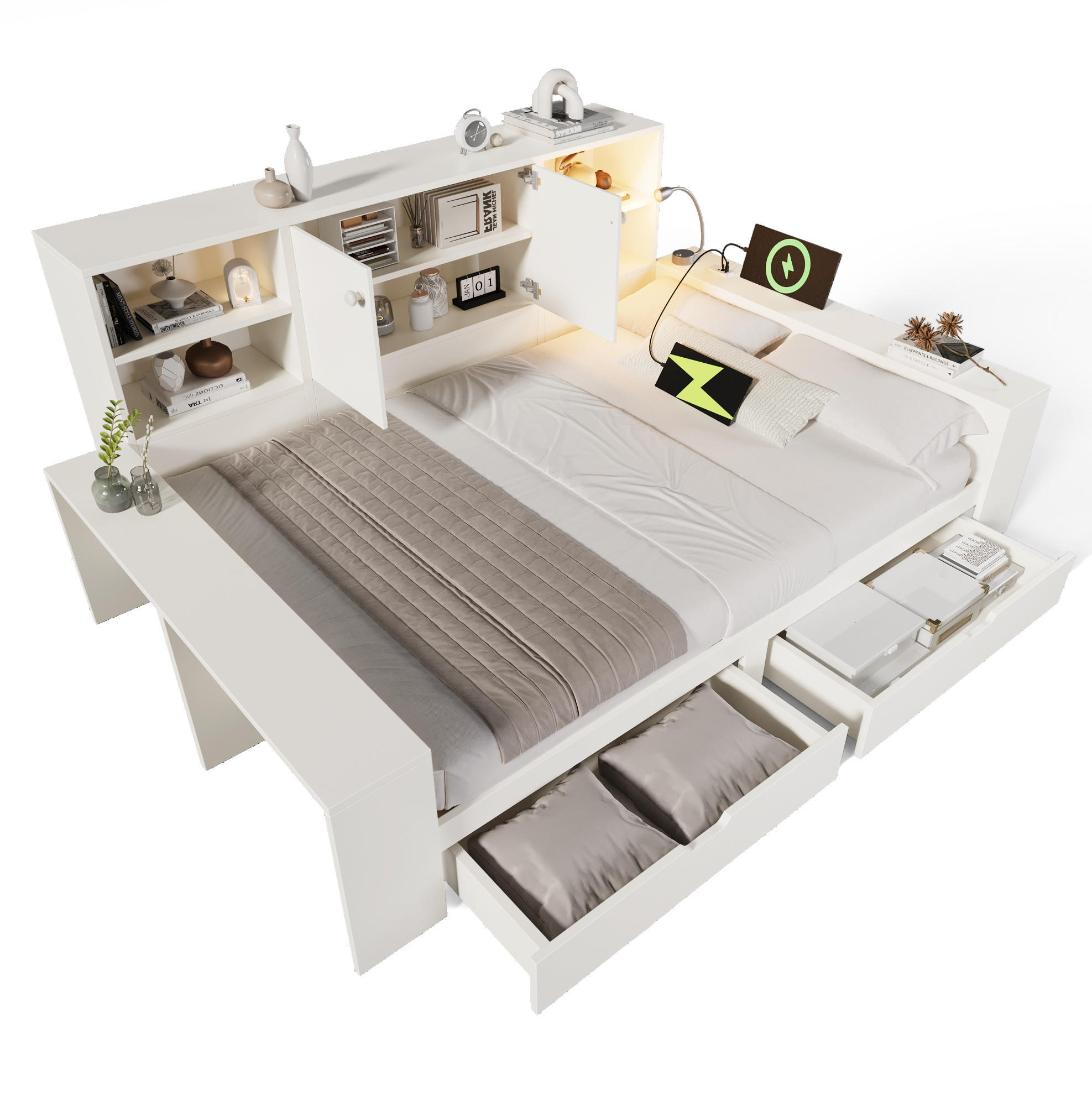 STAURAUMBETT 140/200 cm werkstoff mit USB-/USB-C-Anschlüssen, Leselicht und Schubladen, Weiß - Weiß, Holzwerkstoff (140/200cm) - Redom