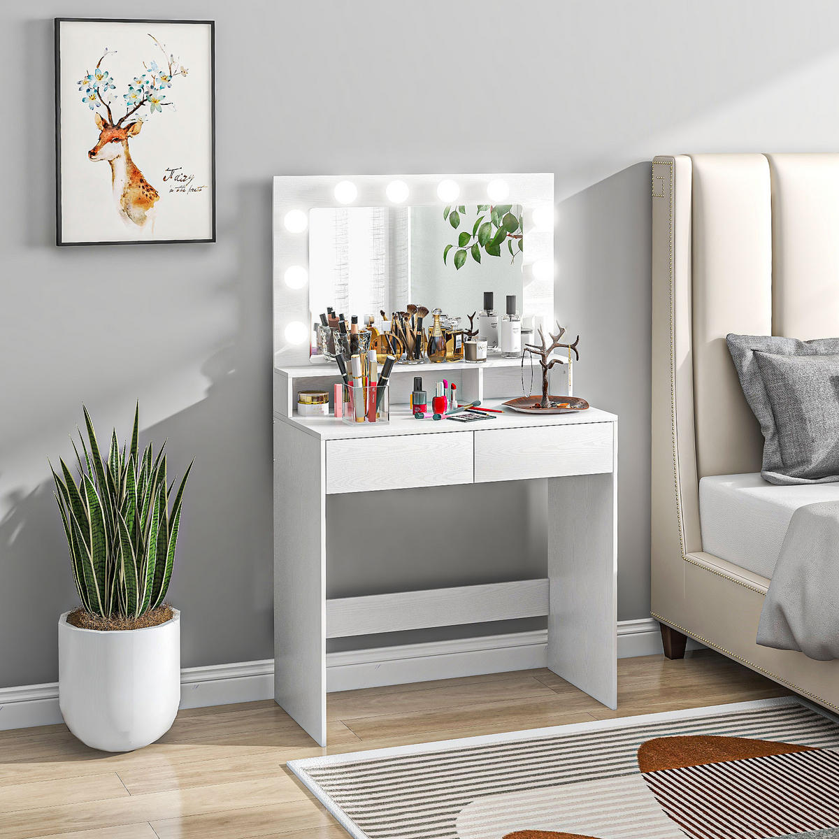 SCHMINKTISCH mit LED-Beleuchtung Frisiertisch mit Spiegel einstellbar Helligkeit - Weiß, Holzwerkstoff (40/135/80cm) - HOMCOM