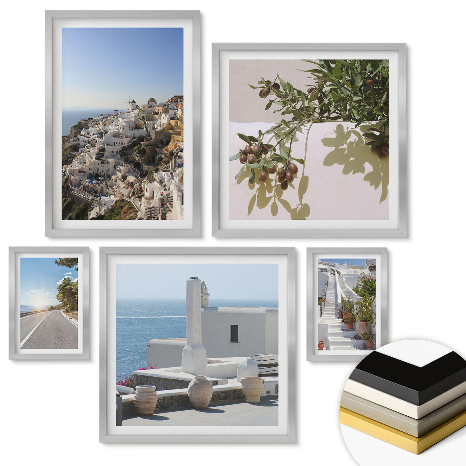 WANDBILDER 5er Set - 50x50 cm & 20x30 cm & 40x60 cm Silberner Rahmen - Weiße Treppe mit Blick auf Santorini - Silberfarben, Kunststoff (40/60cm) - ArtPrintCave