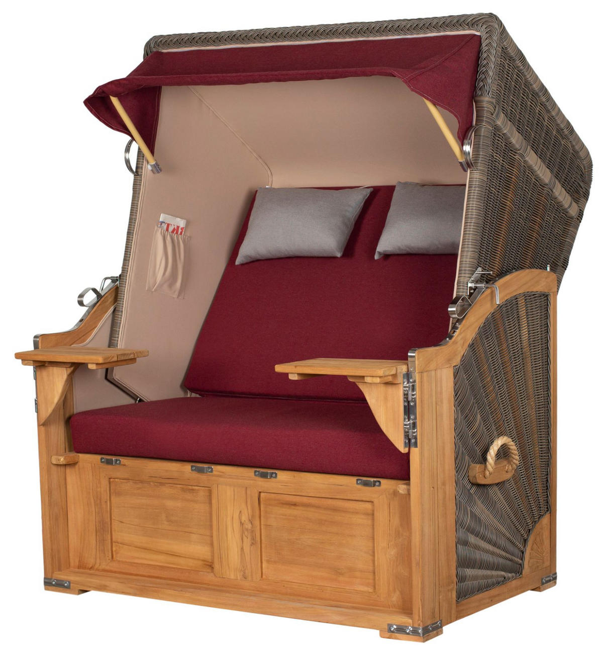 STRANDKORB Komplettset: Schaalsee Teak - PE grau - Modell 594 - Rot/Grau, Holz/Kunststoff (125/170/80cm) - bene living