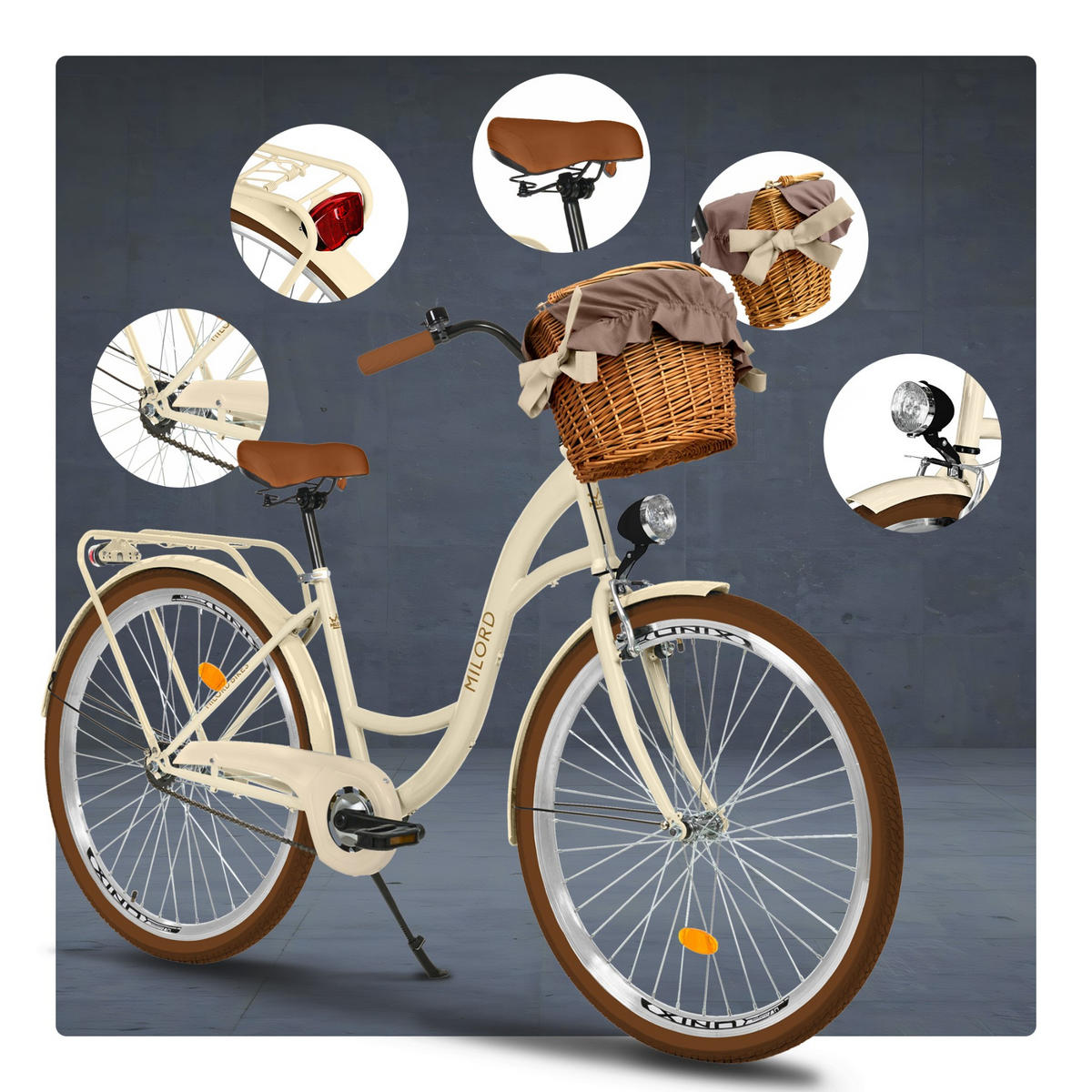 CITY-FAHRRAD Milord mit Weidenkorb, 26 Zoll, Braun-Creme, 1-Gang - Creme/Braun, Metall (46cm) - Milordbikes