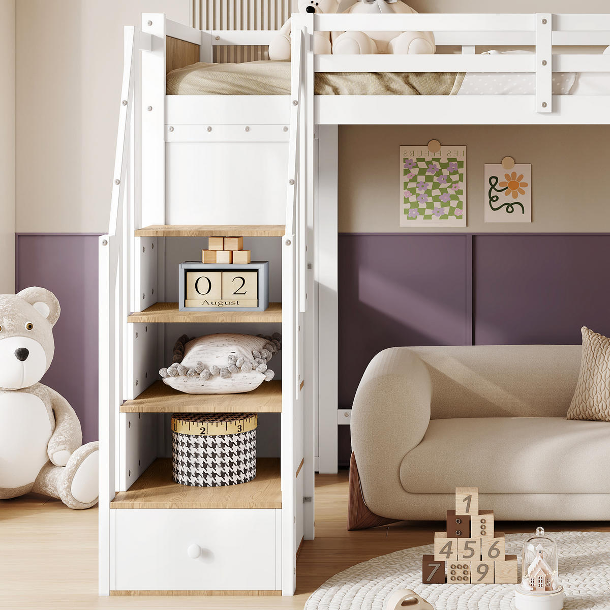 ETAGENBETT 90/200 cm Weiß+Natur mit Schreibtisch und Stauraumtreppe - Weiß, Holzwerkstoff (90/200cm) - OKWISH
