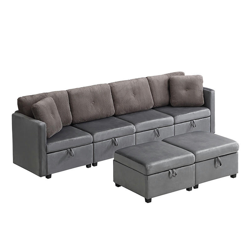 SOFA 4-Sitzer Modulares aus Samt & Cord 261x132,5 cm mit Stauraum, antikgrau - Grau, Textil (132.5/85/261cm) - Luhomfu