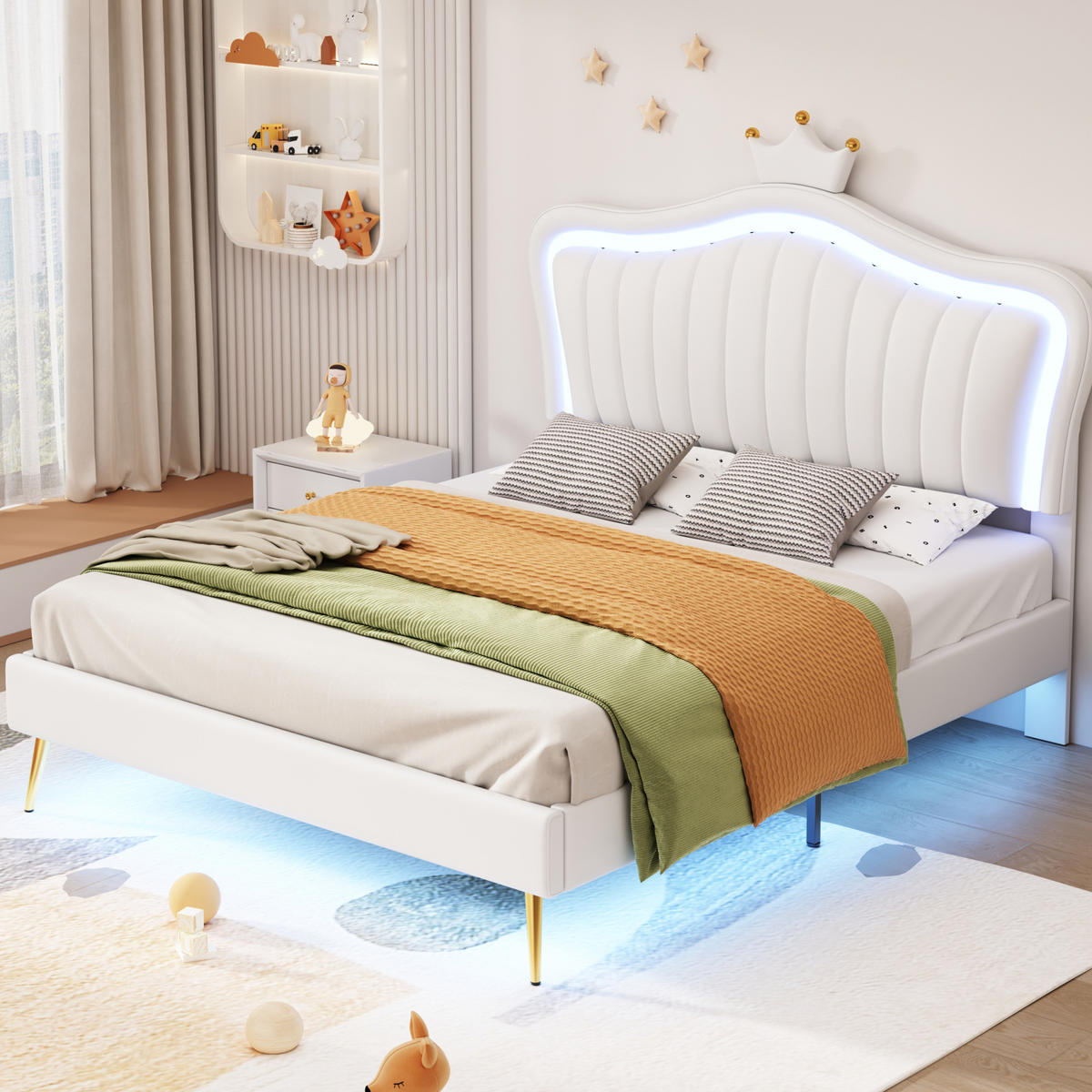 KINDERBETT 140/200 cm mit LED-Beleuchtung, verstellbarem Kopfteil und Muschel-Kronen-Design, Weiß - Weiß, Textil (140/200cm) - Redom