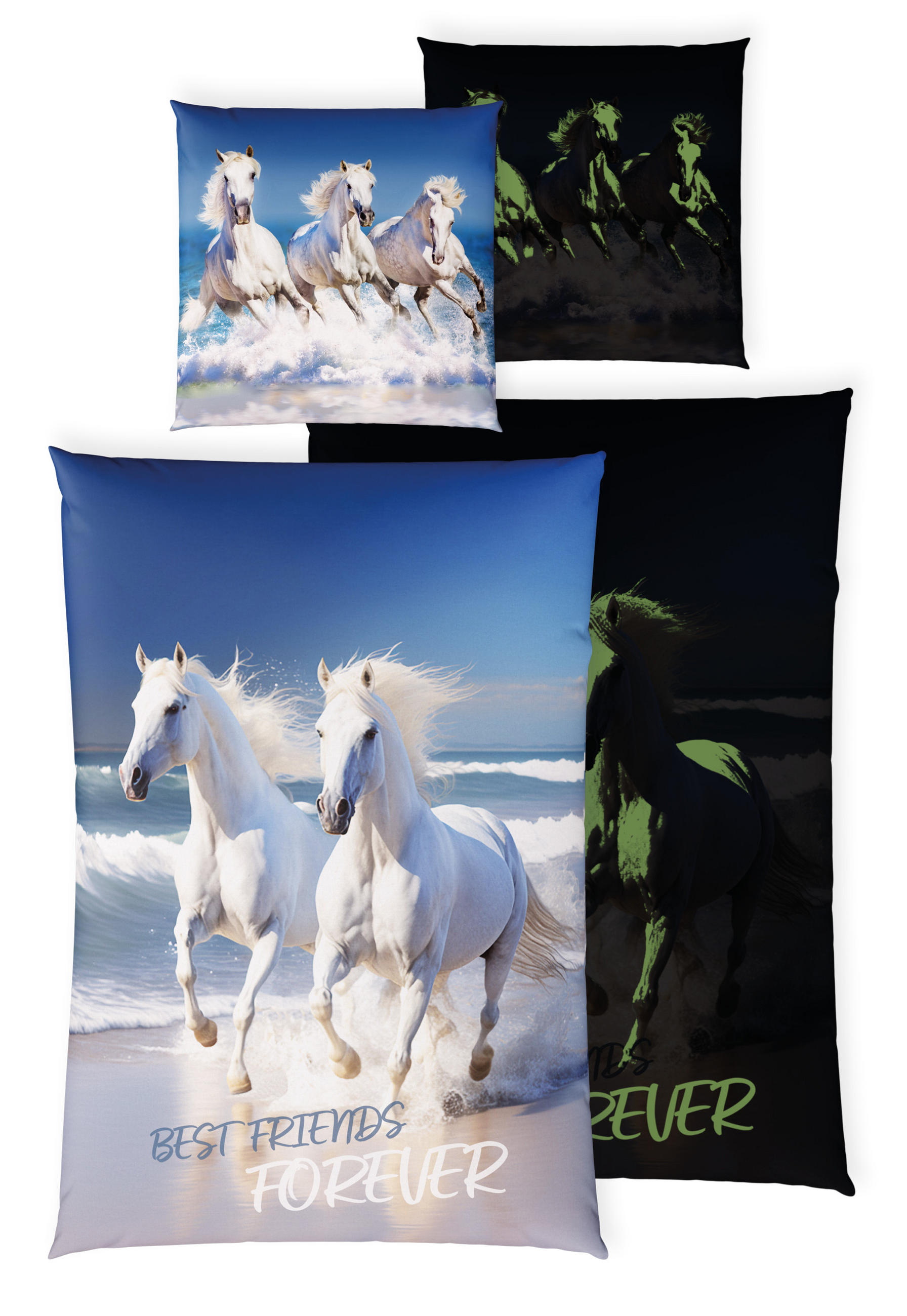 KINDERBETTWÄSCHE 135x200 cm Pferde Tiere aus 100% Baumwolle - Leuchtet um Dunkeln - Blau, Textil (135/200cm) - Carpe Sonno