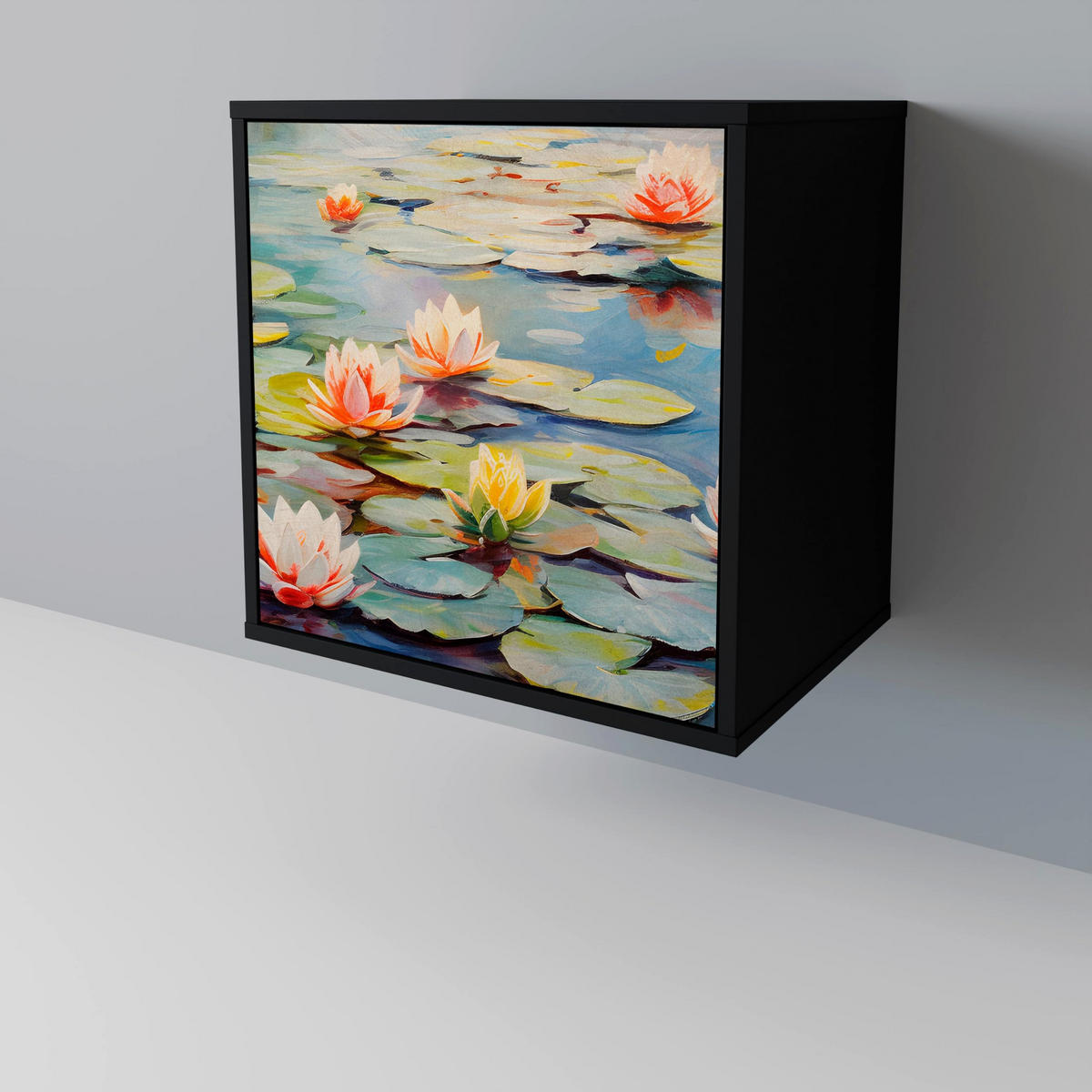 SIDEBOARD BLOOMING WATERS, Schwarz, 57,5x42x70,5 cm, Schwarze Metall-Sternfüße - Multicolor/Schwarz, Holzwerkstoff/Metall (57.5/70.5/42cm) - SpaceRebels