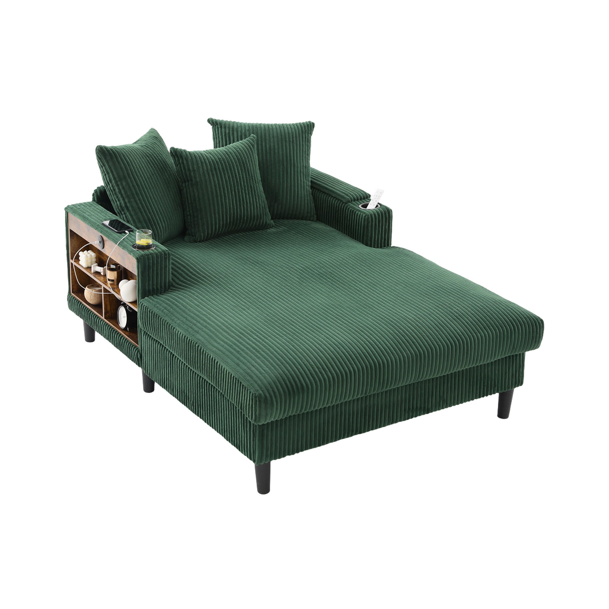 CHAISELONGUE 170/129/70 cm aus Cord mit LED-Beleuchtung, USB-Anschluss, Stauraum und 2 Becherhaltern, Smaragdgrün - Smaragdgrün, Textil (170/70/129cm) - Redom