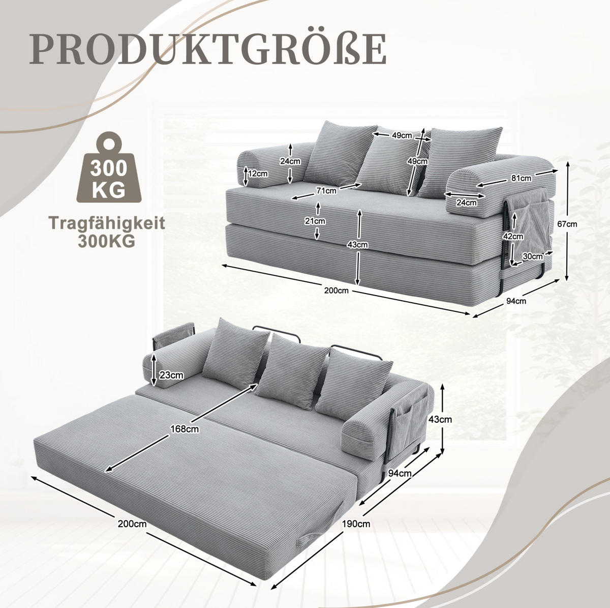 SOFA 200/94/67 cm aus Cord mit Metallgestell und 3 Kissen Hellgrau - Hellgrau, Textil (94/67/200cm) - Modenvie