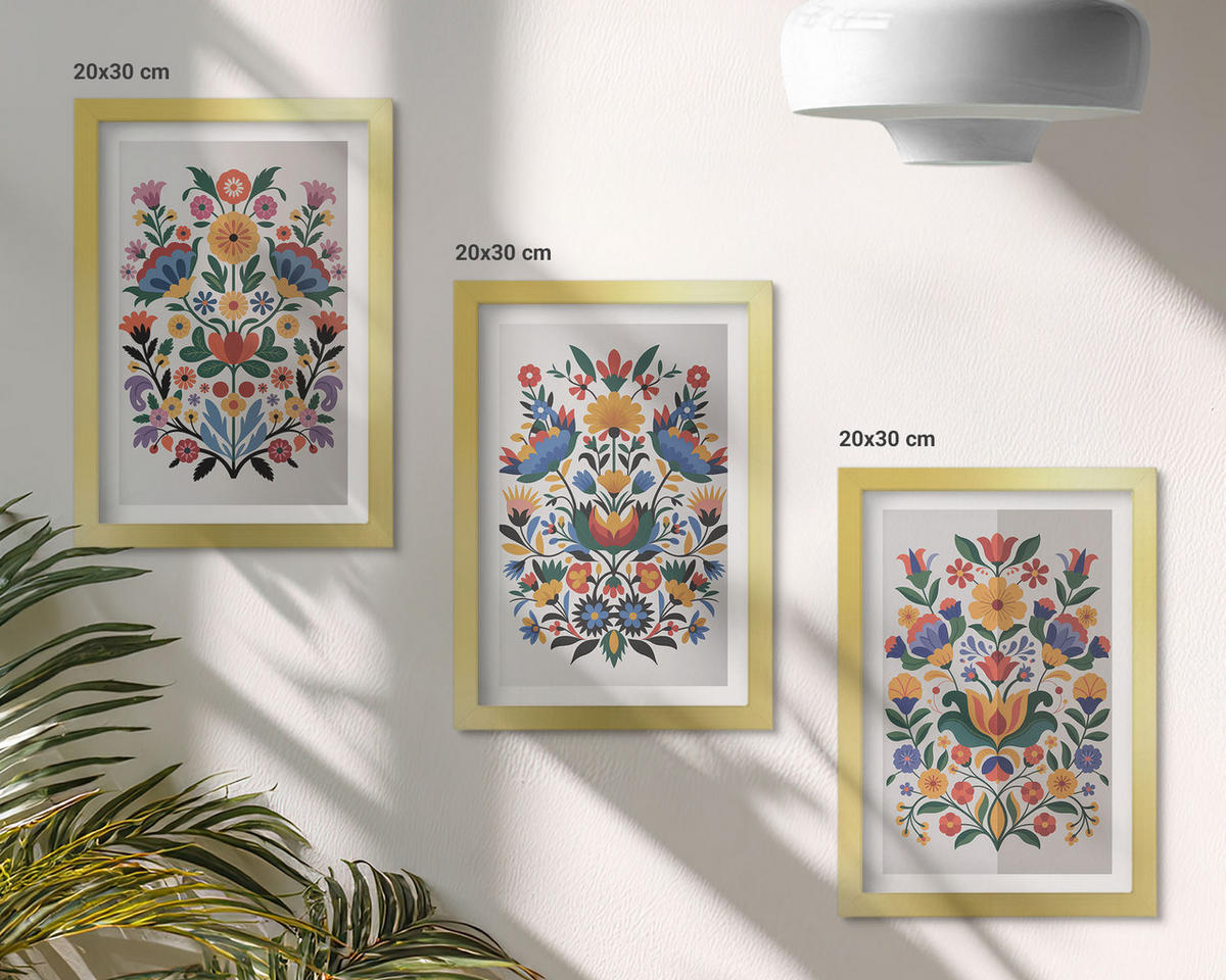 BILDER SET 3er Set - 20x30 cm Goldrahmen - Blumenmuster in intensiven Farben - Goldfarben, Kunststoff (20/30cm) - TULUP