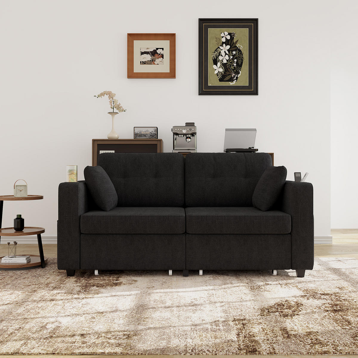 2-SITZER SOFA Chenille Schwarz mit USB und Stauraumschubladen - Schwarz, Textil/Metall (172/82/75cm) - WISHDOR