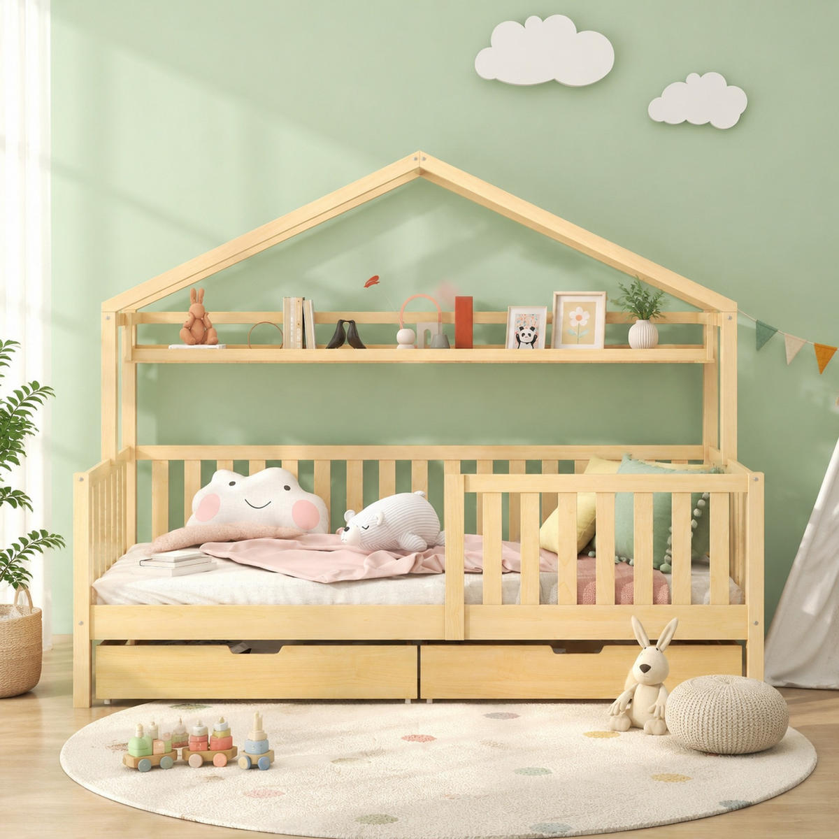 KINDERBETT 90/200 mit Schubladen, Lattenrost und Ablagefläche in Natur - Naturfarben, Holzwerkstoff (90/200cm) - EVRYAE