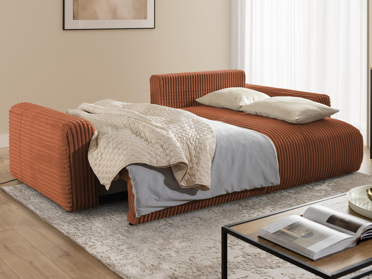 ECKSOFA Calma mit Schlaffunktion und Bettkasten im Bumpy-Design aus weichem Terrakotta Plüschcord - Ottomane rechts - Terracotta/Schwarz, Holz/Kunststoff (140/239cm) - S-Style