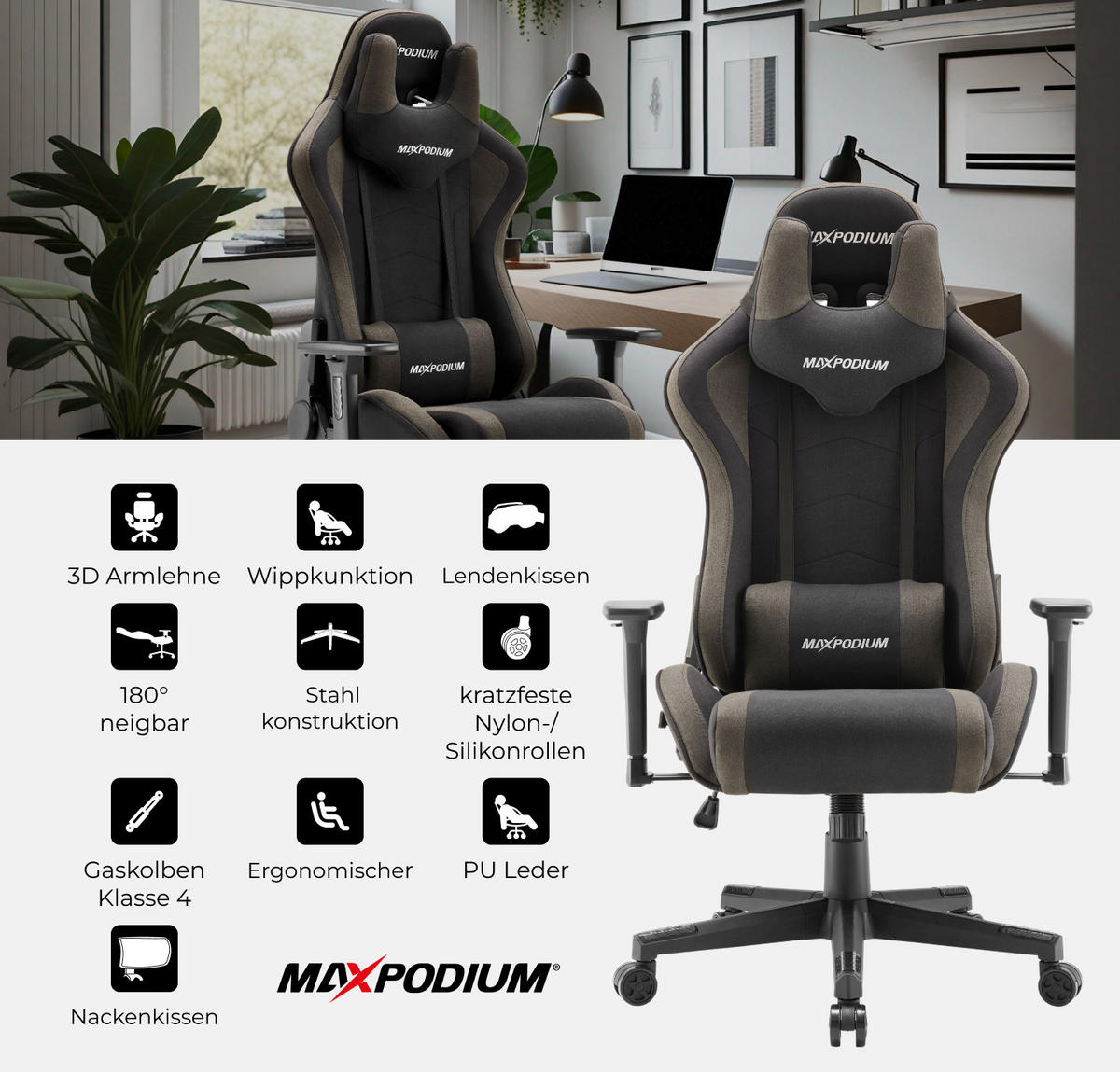 GAMING-STUHL Tactical Grau - Dunkelgrau/Grau, Textil/Metall (55/137/50cm) - MaxPodium