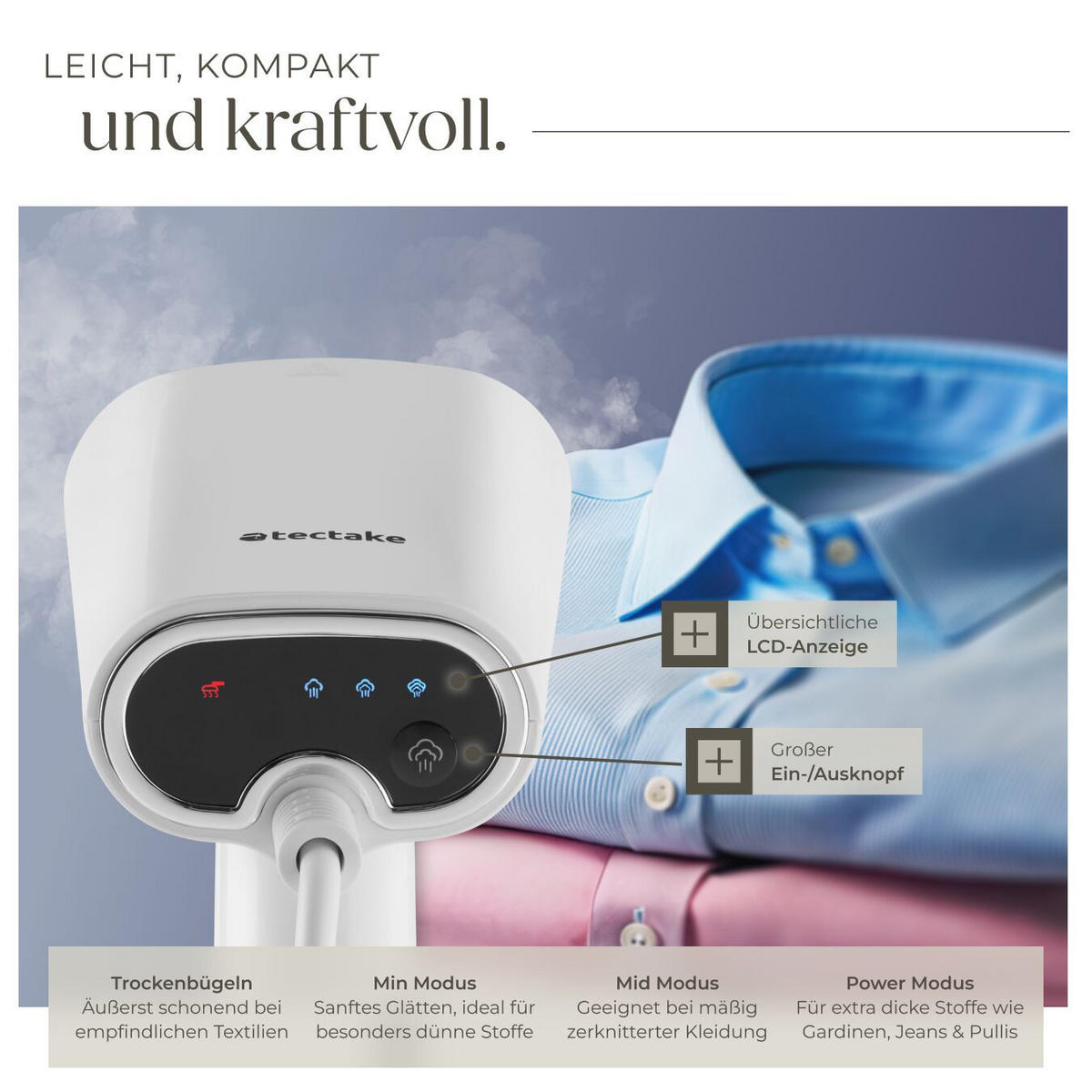 DAMPFGLÄTTER , LCD-Display, 15 x 9,5 x 23 cm, weiß - Weiß, Kunststoff (9.5/23/15cm) - tectake