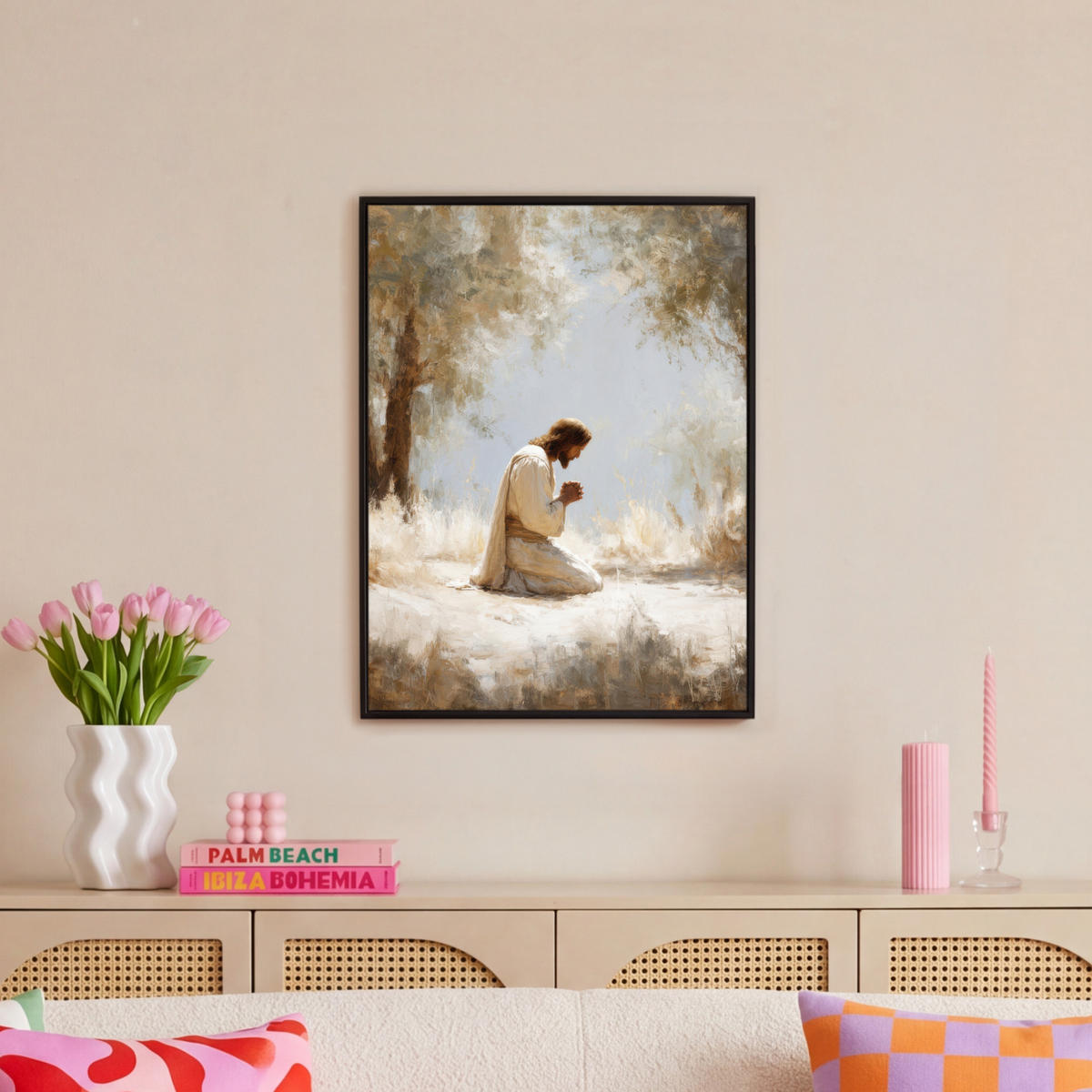 LEINWAND Bilder mit Rahmen - Jesus - Kniend - Waldlandschaft - Betend - 50x70 - Beige, Textil (50/70cm) - MuchoWow