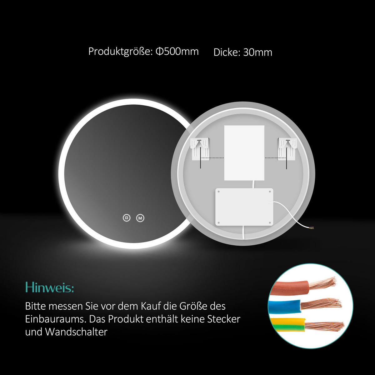 BADSPIEGEL mit Beleuchtung 3 Lichtfarben einstellbar beschlagfrei ф50 cm - Weiß, Glas (50/3.5/50cm) - EMKE