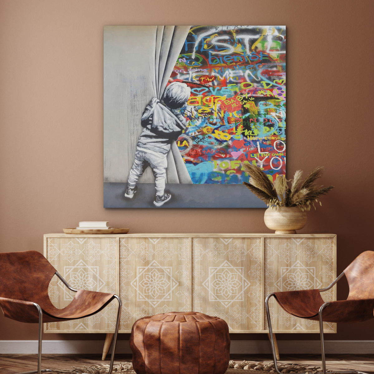 AKUSTIKBILD Graffiti - Junge - Ilussie - Straßenkunst Akustikpaneele 90x90 cm - Hellgrau, Textil (90/90/0.9cm) - MuchoWow