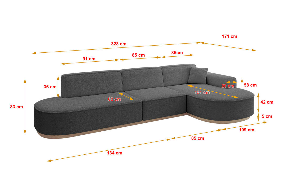 ECKSOFA Ottomane Rechts MARI-L2-v1 - 328x171x83 cm Grau Bouclé - Grau, Holzwerkstoff/Textil (171/328cm) - ALTDECOR