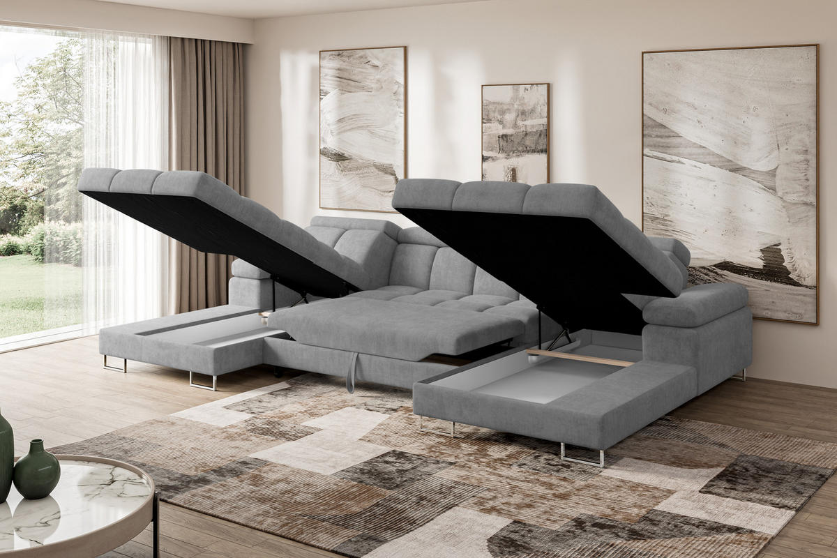 WOHNLANDSCHAFT mit Schlaffunktion und Bettkasten COMA U2 345x203x79 Grau Velours - Grau, Holzwerkstoff/Textil (345/79/203cm) - ALTDECOR