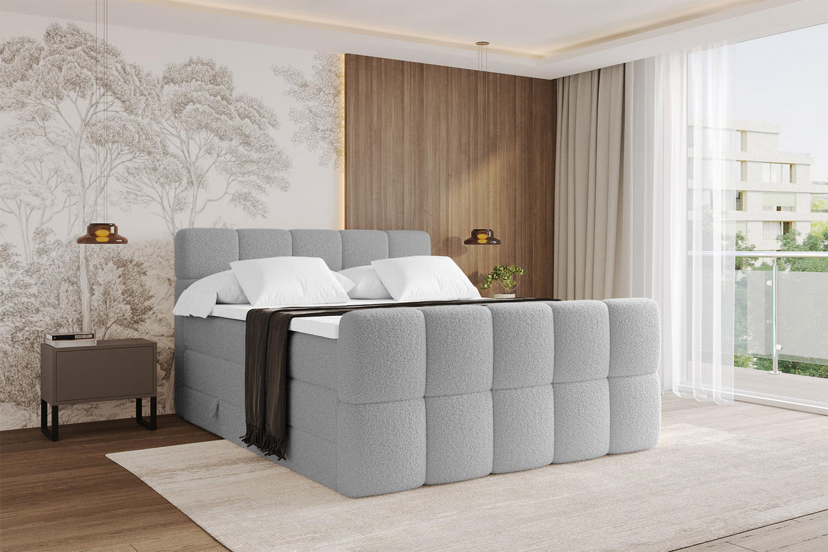 BOXBETT mit Matratze H3/H4 - FAMA-Z KING - 180x200 cm Hellgrau Quelle - Hellgrau, Holzwerkstoff (180/200cm) - ALTDECOR